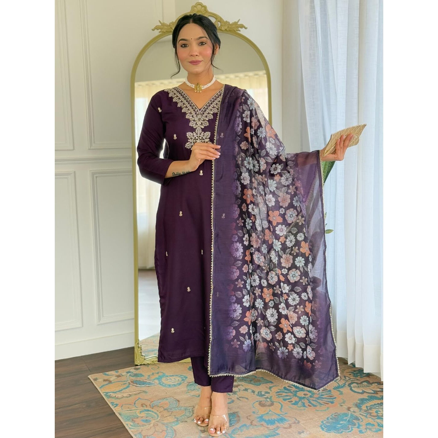 Navlik Women's Rayon Embroidered Straight Kurta Pant and Dupatta Sets (OR-K101)