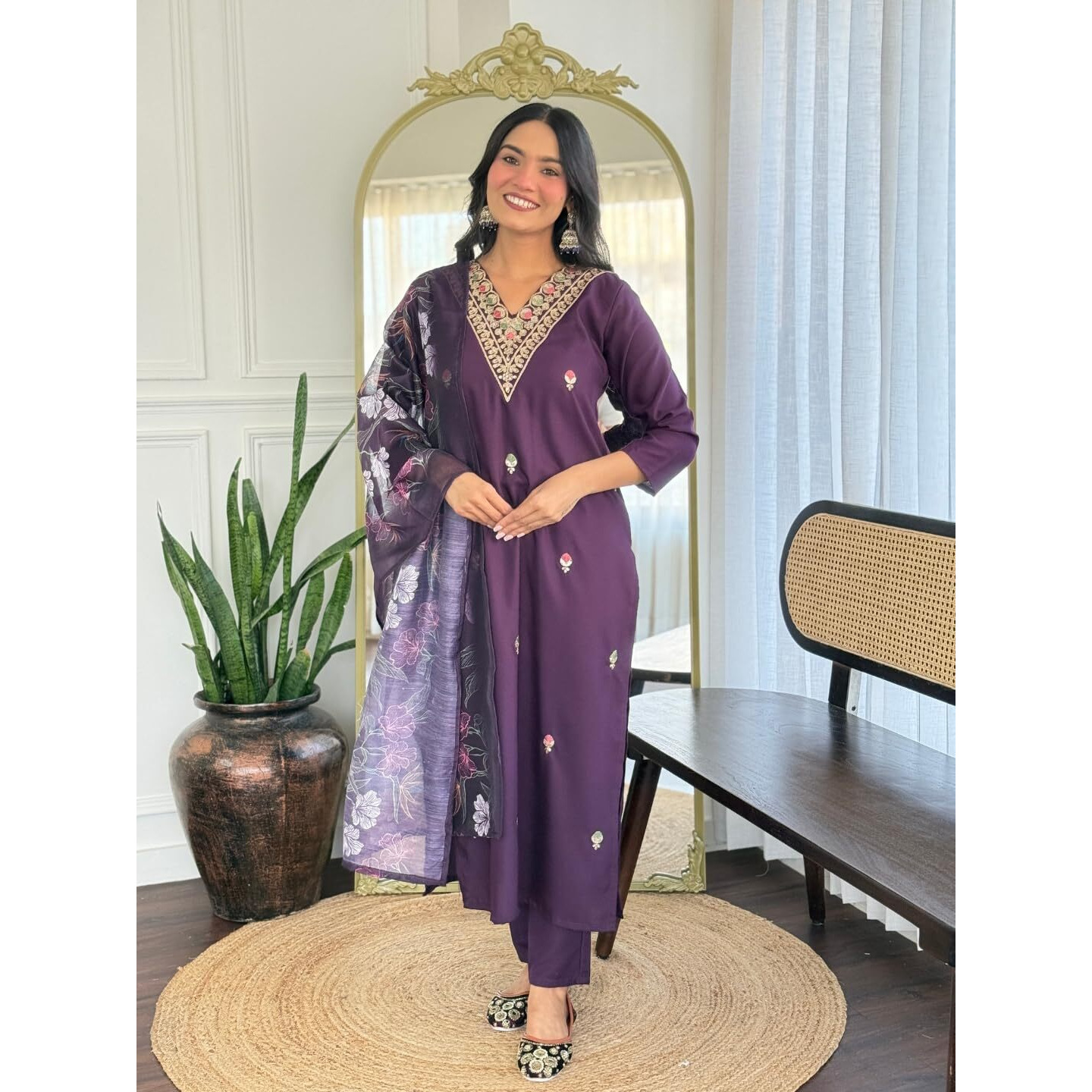 Navlik Women's Rayon Embroidered Straight Kurta with Pant and Dupatta Sets (OR-K103)