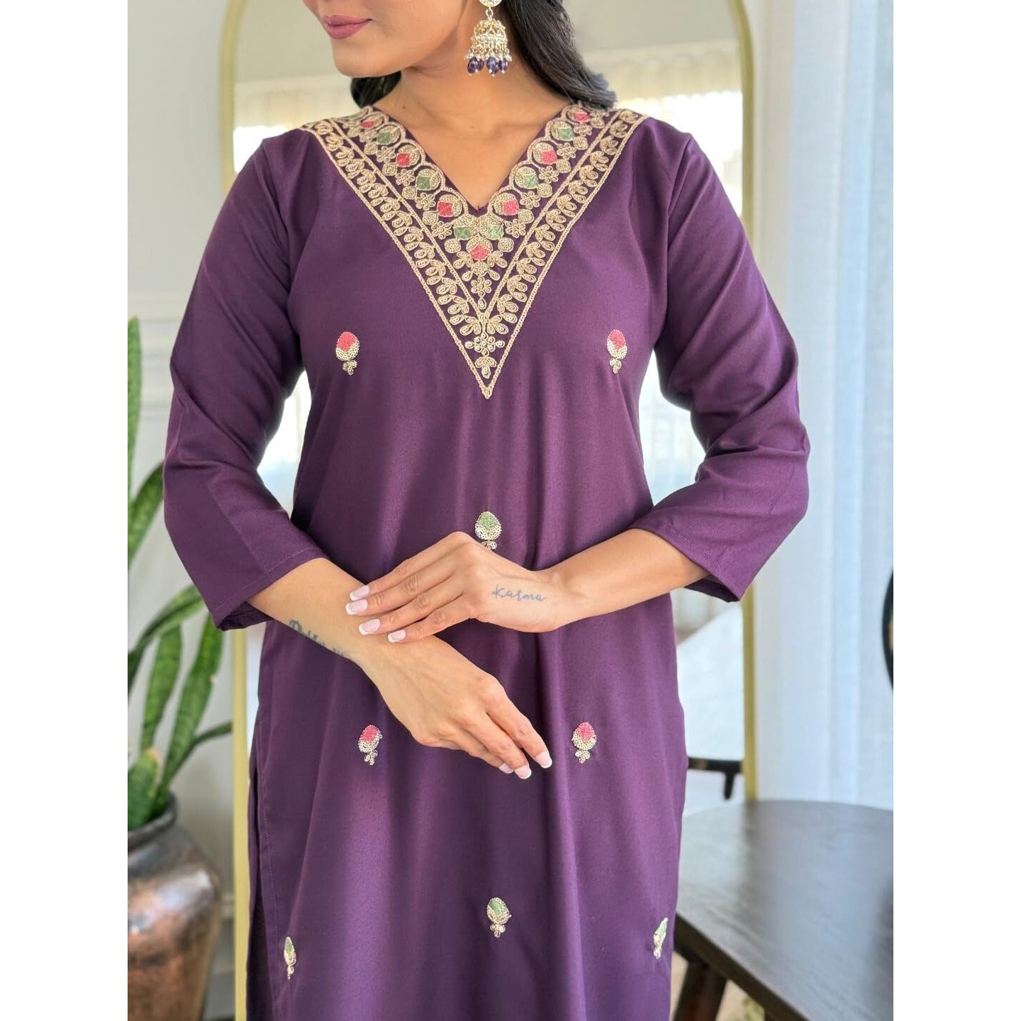 Navlik Women's Rayon Embroidered Straight Kurta with Pant and Dupatta Sets (OR-K103)