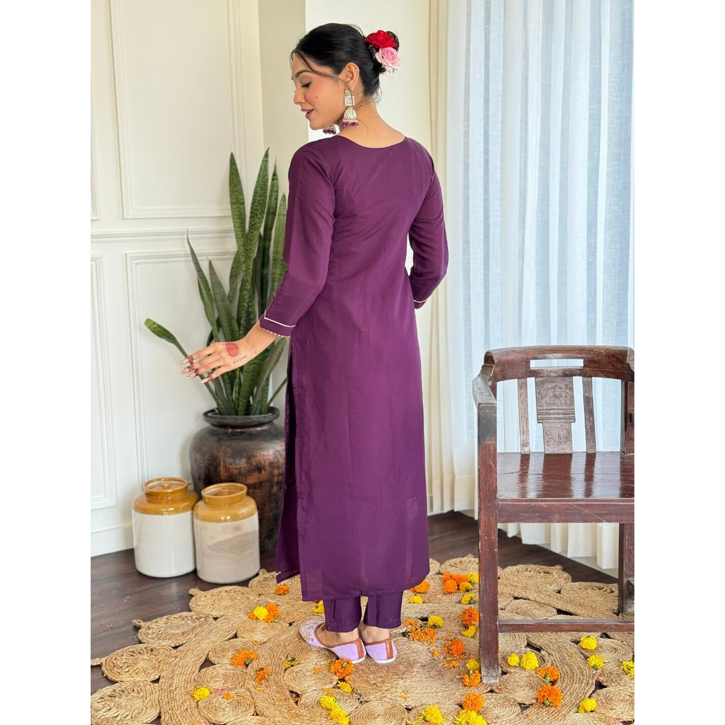 Navlik Women's Chanderi Embroidered Straight Kurta Pant and Dupatta Sets (OR-k3)