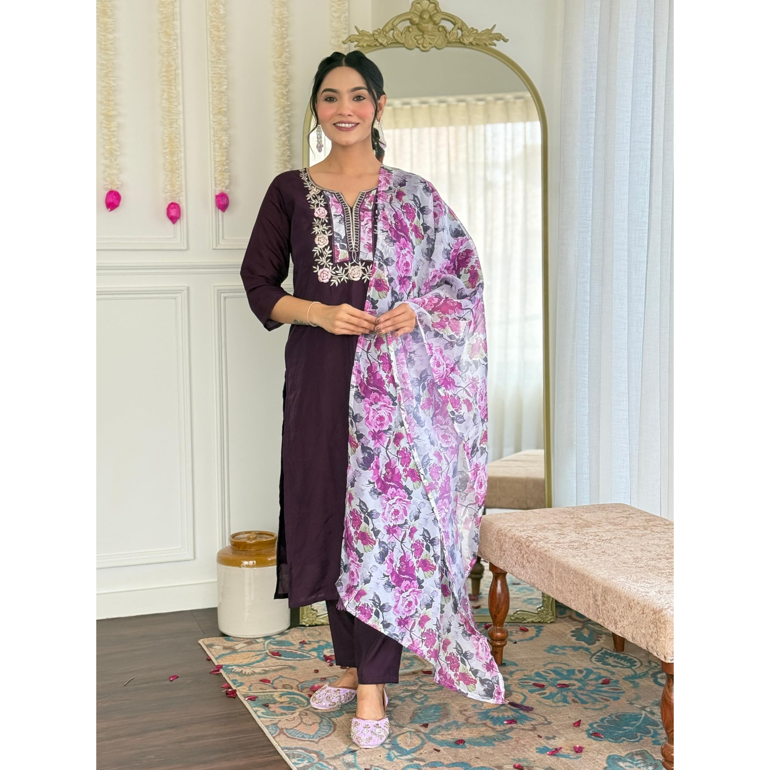 Navlik Women's Rayon Embroidered Straight Kurta with Pant and Dupatta Sets (OR-K95)