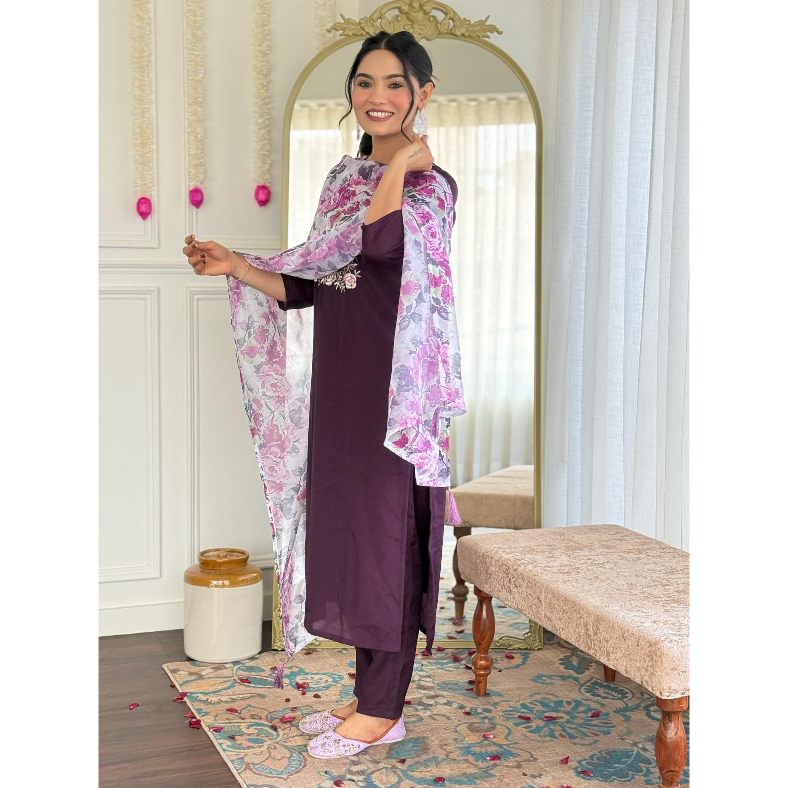 Navlik Women's Rayon Embroidered Straight Kurta with Pant and Dupatta Sets (OR-K95)