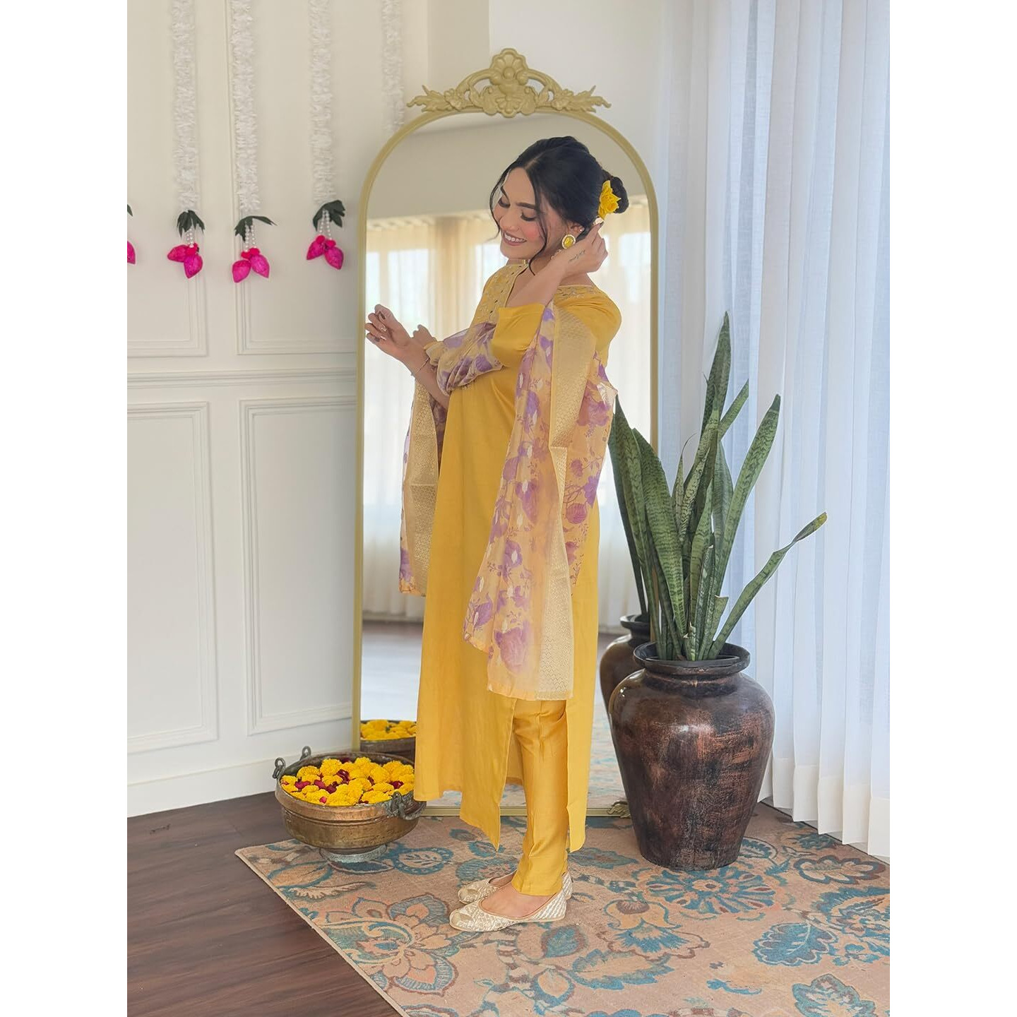 Navlik Women's Chanderi Embroidered Straight Kurta with Pant and Dupatta Sets (OR-K96)