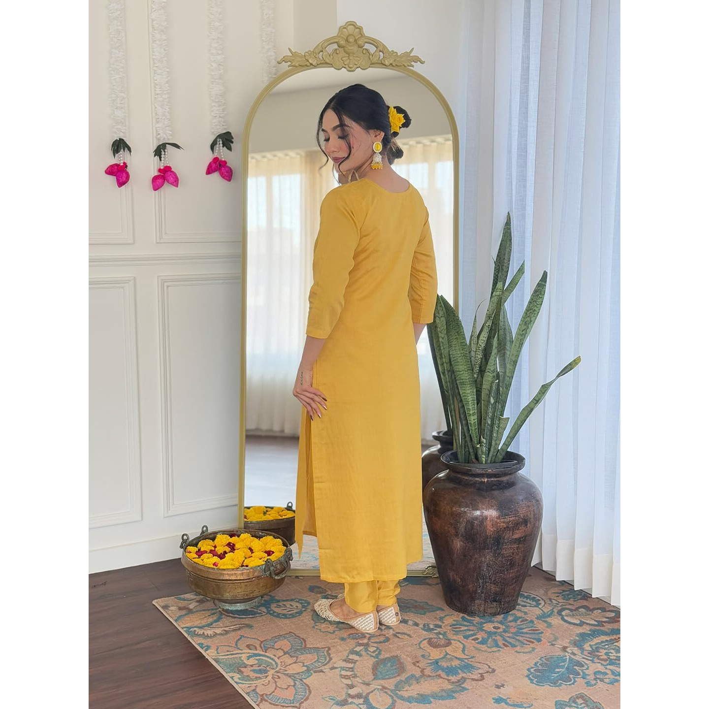 Navlik Women's Chanderi Embroidered Straight Kurta with Pant and Dupatta Sets (OR-K96)