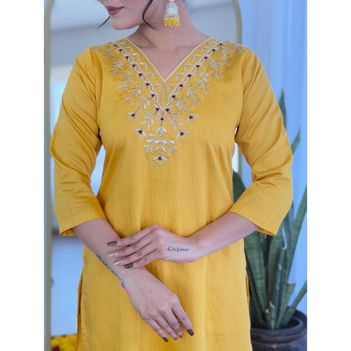 Navlik Women's Chanderi Embroidered Straight Kurta with Pant and Dupatta Sets (OR-K96)