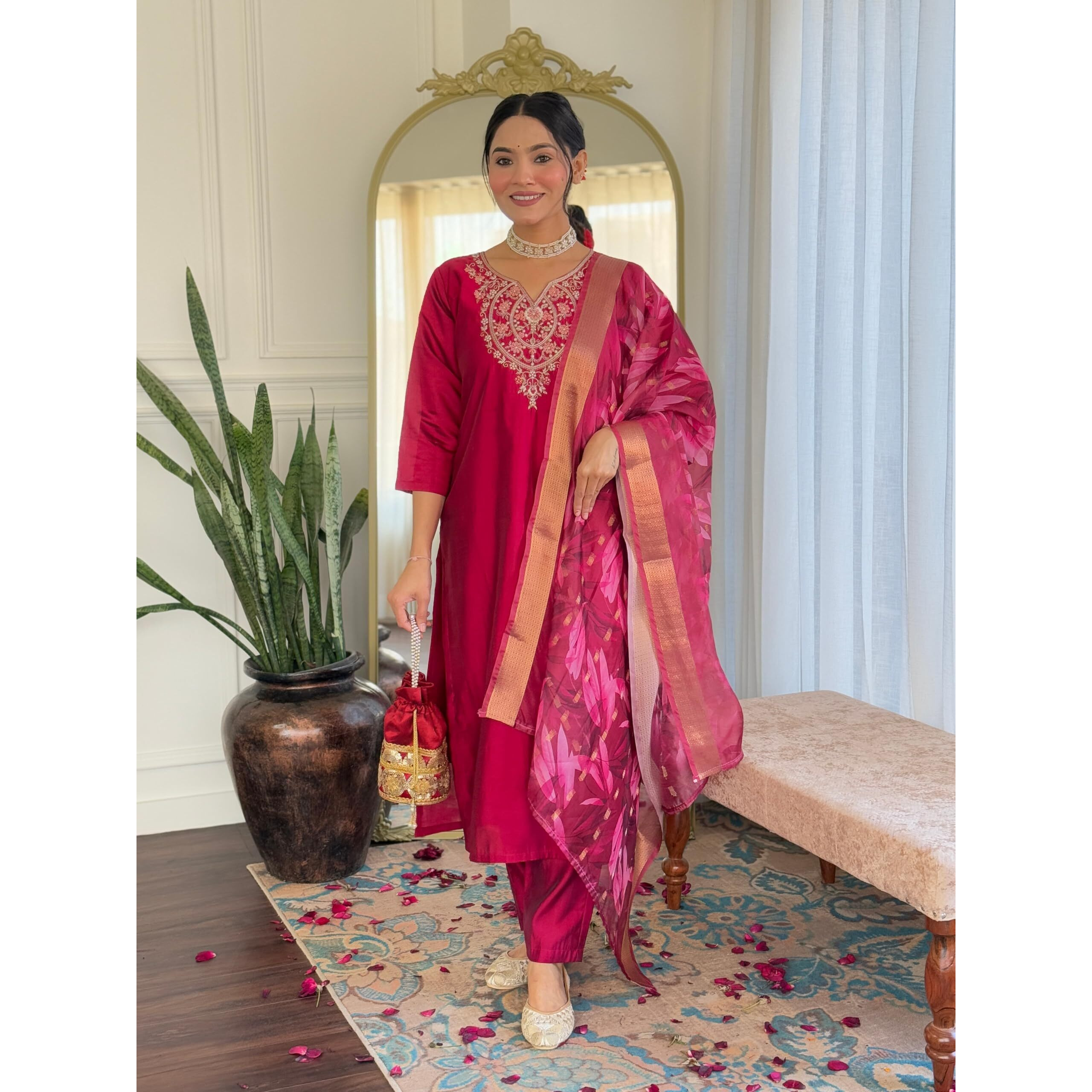 Navlik Women's Chanderi Embroidered Straight Kurta with Pant and Dupatta Sets (OR-K97)