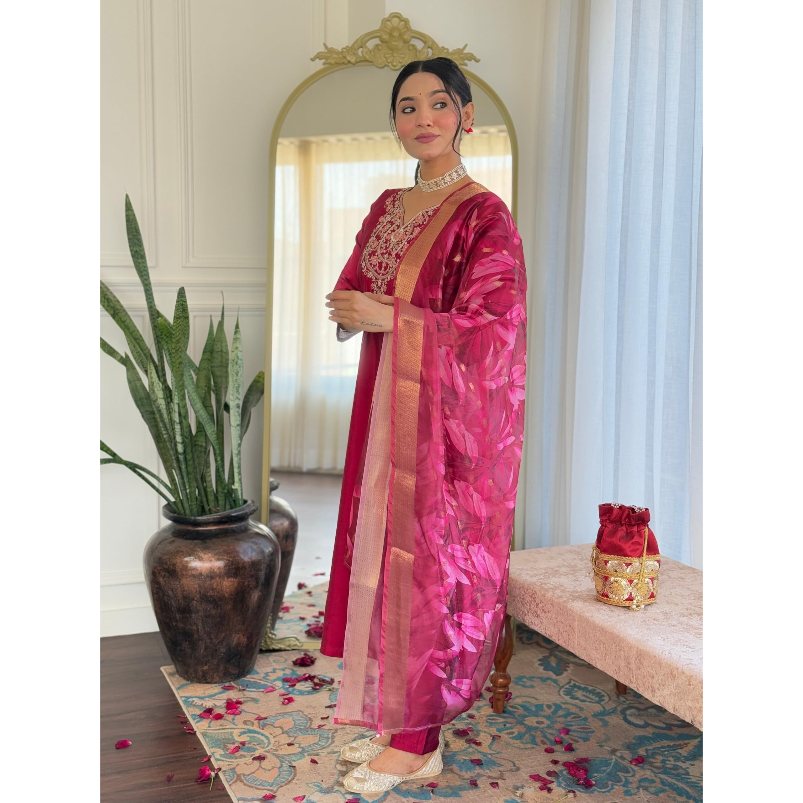 Navlik Women's Chanderi Embroidered Straight Kurta with Pant and Dupatta Sets (OR-K97)