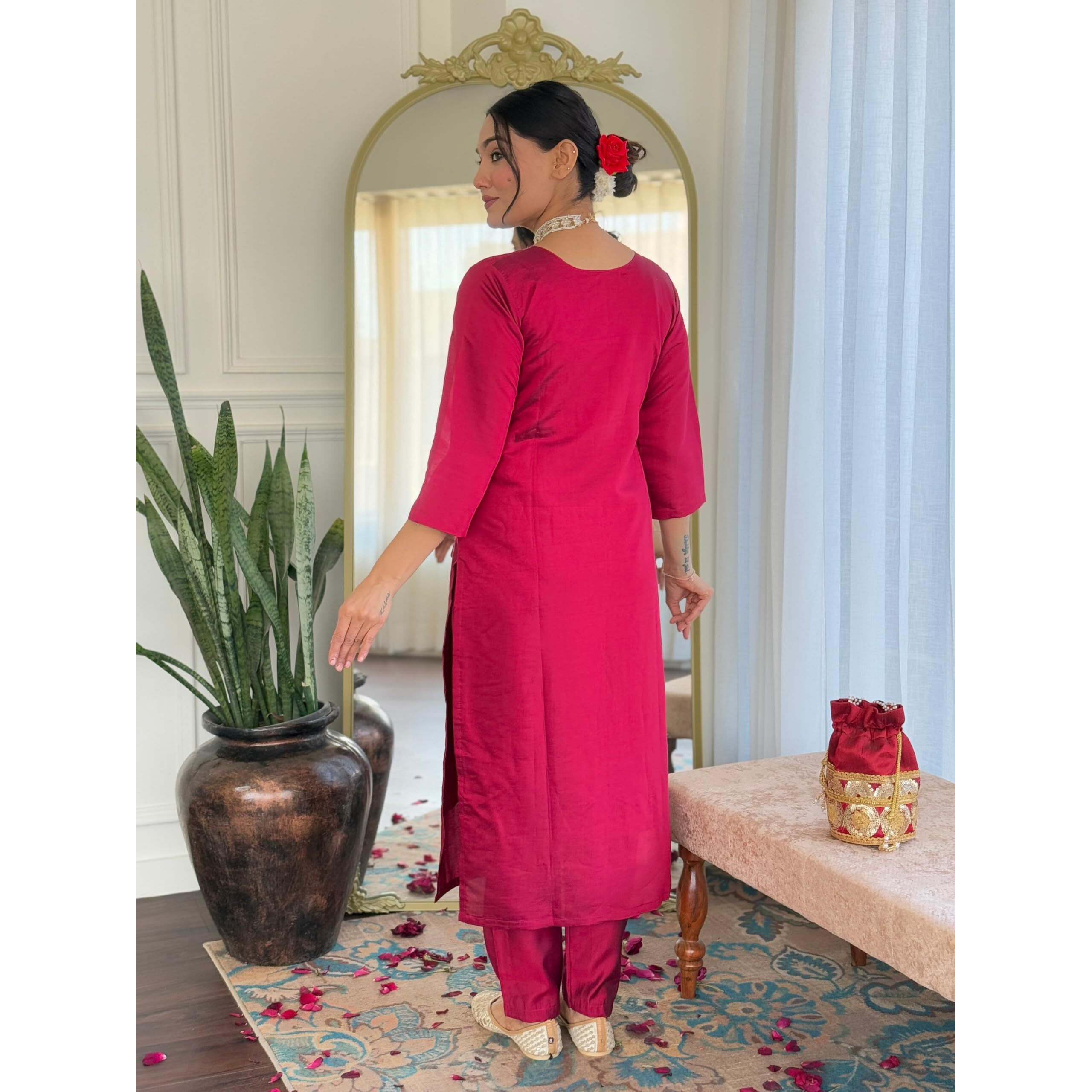 Navlik Women's Chanderi Embroidered Straight Kurta with Pant and Dupatta Sets (OR-K97)