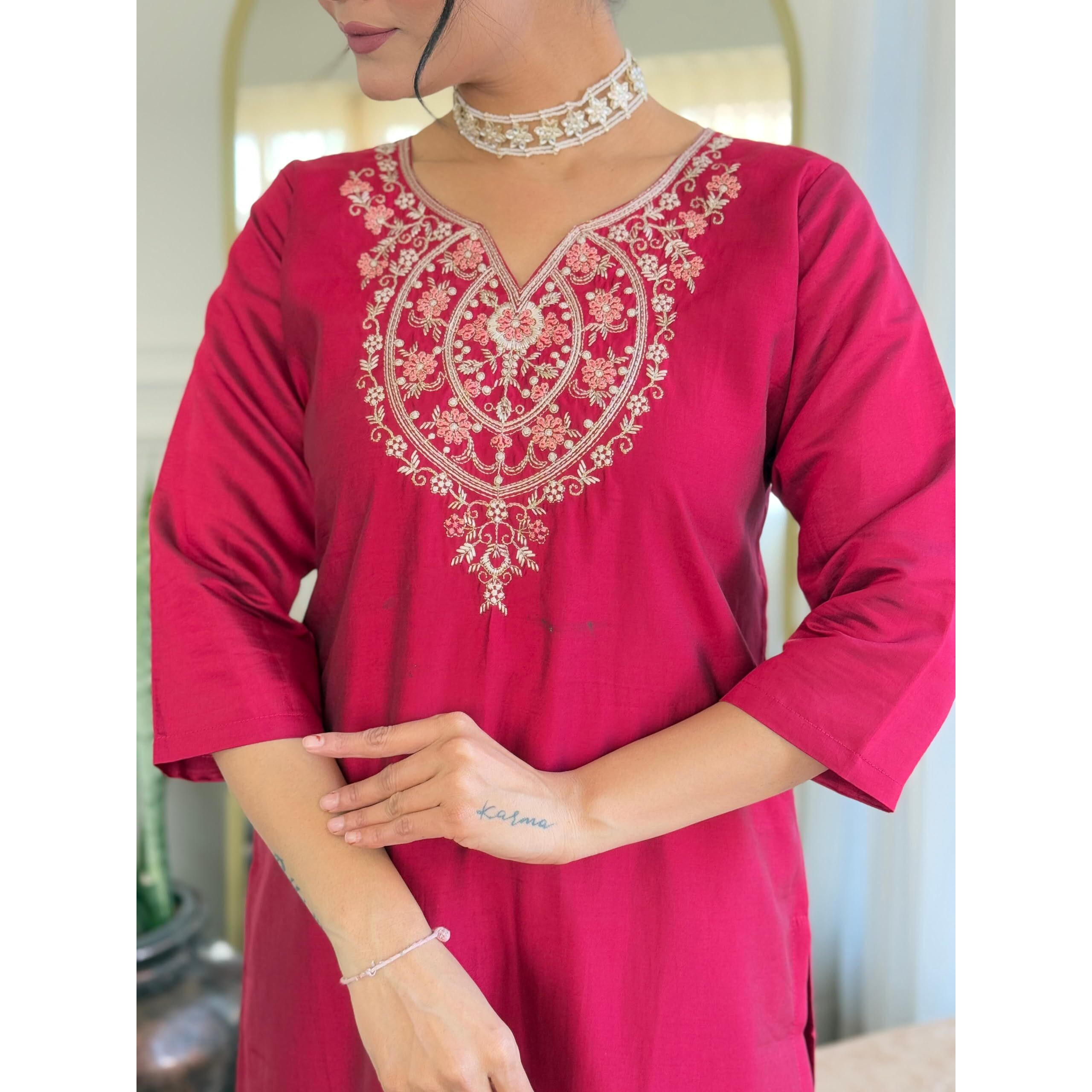 Navlik Women's Chanderi Embroidered Straight Kurta with Pant and Dupatta Sets (OR-K97)