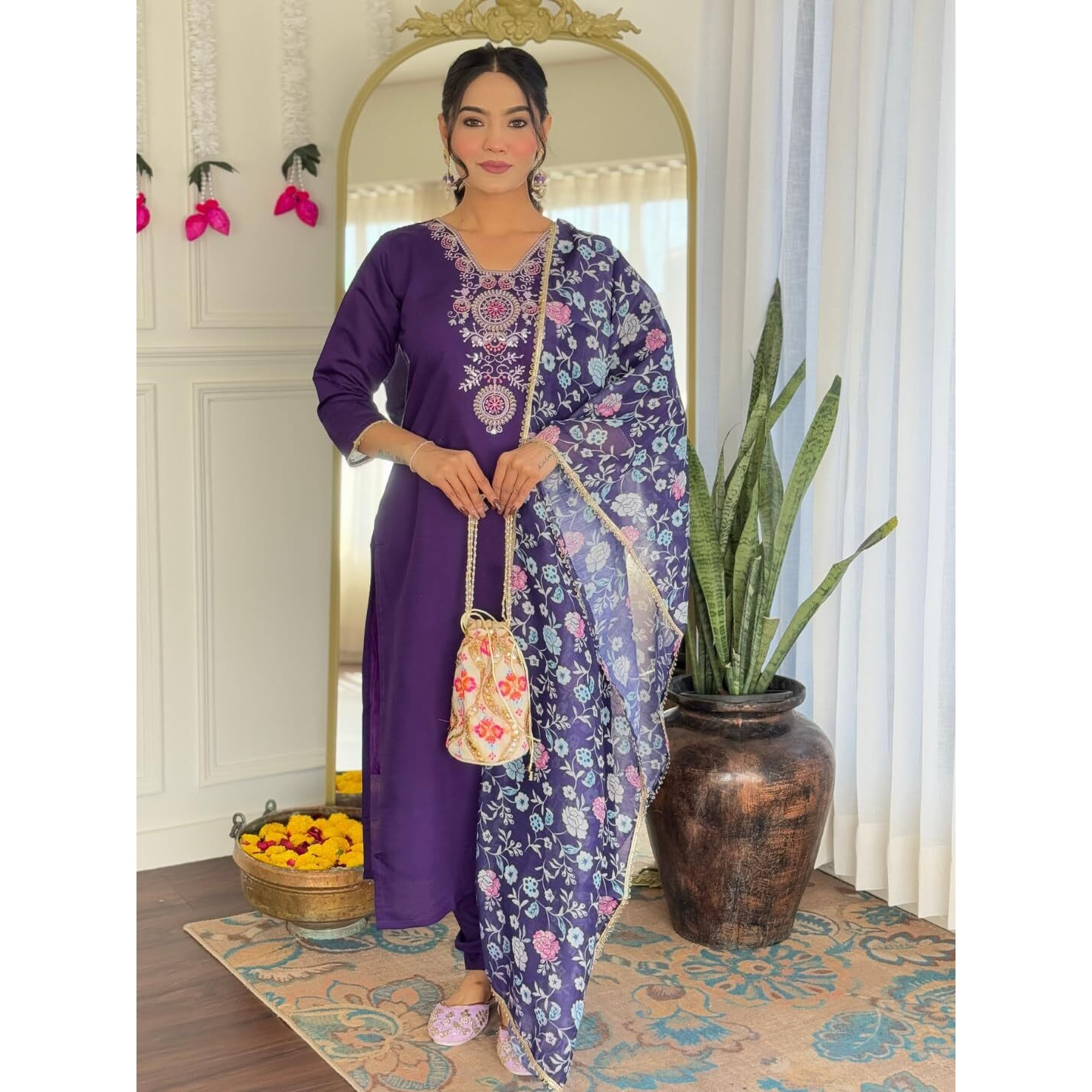 Navlik Women's Chanderi Embroidered Straight Kurta with Pant and Dupatta Sets (OR-K98)