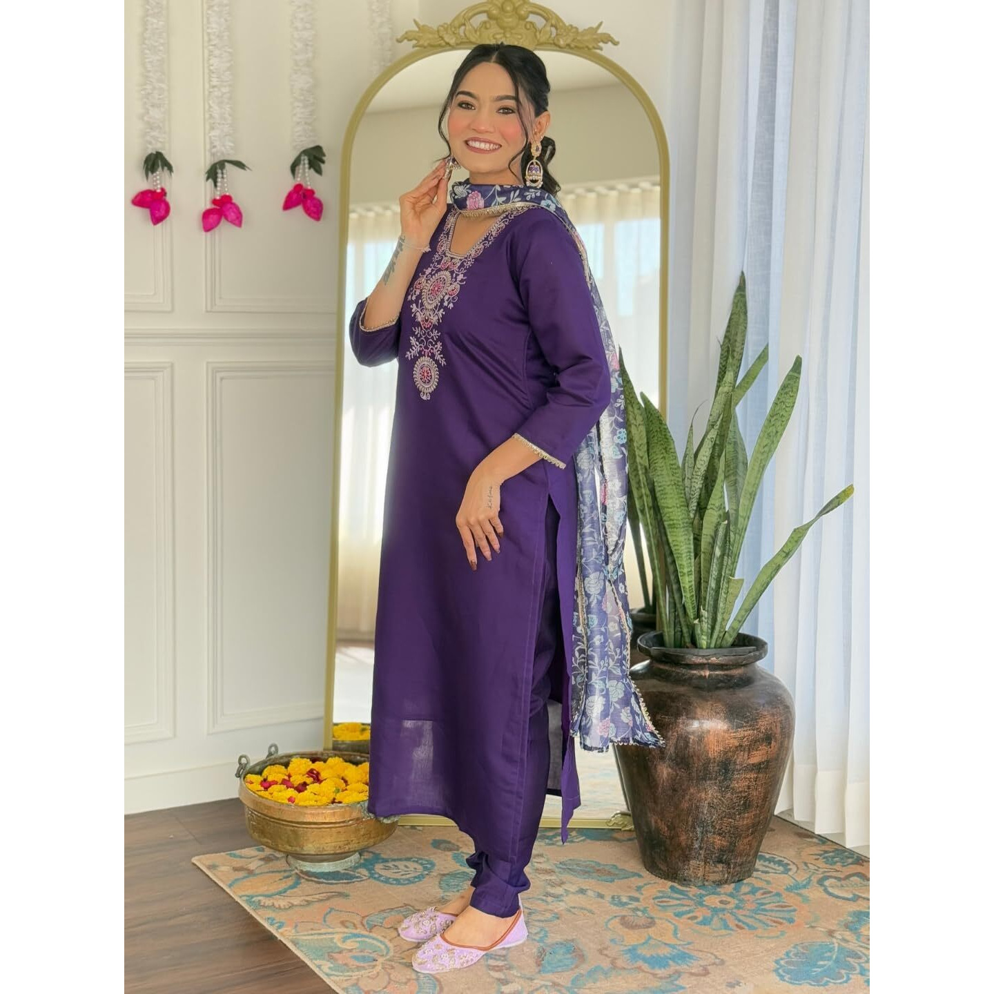 Navlik Women's Chanderi Embroidered Straight Kurta with Pant and Dupatta Sets (OR-K98)