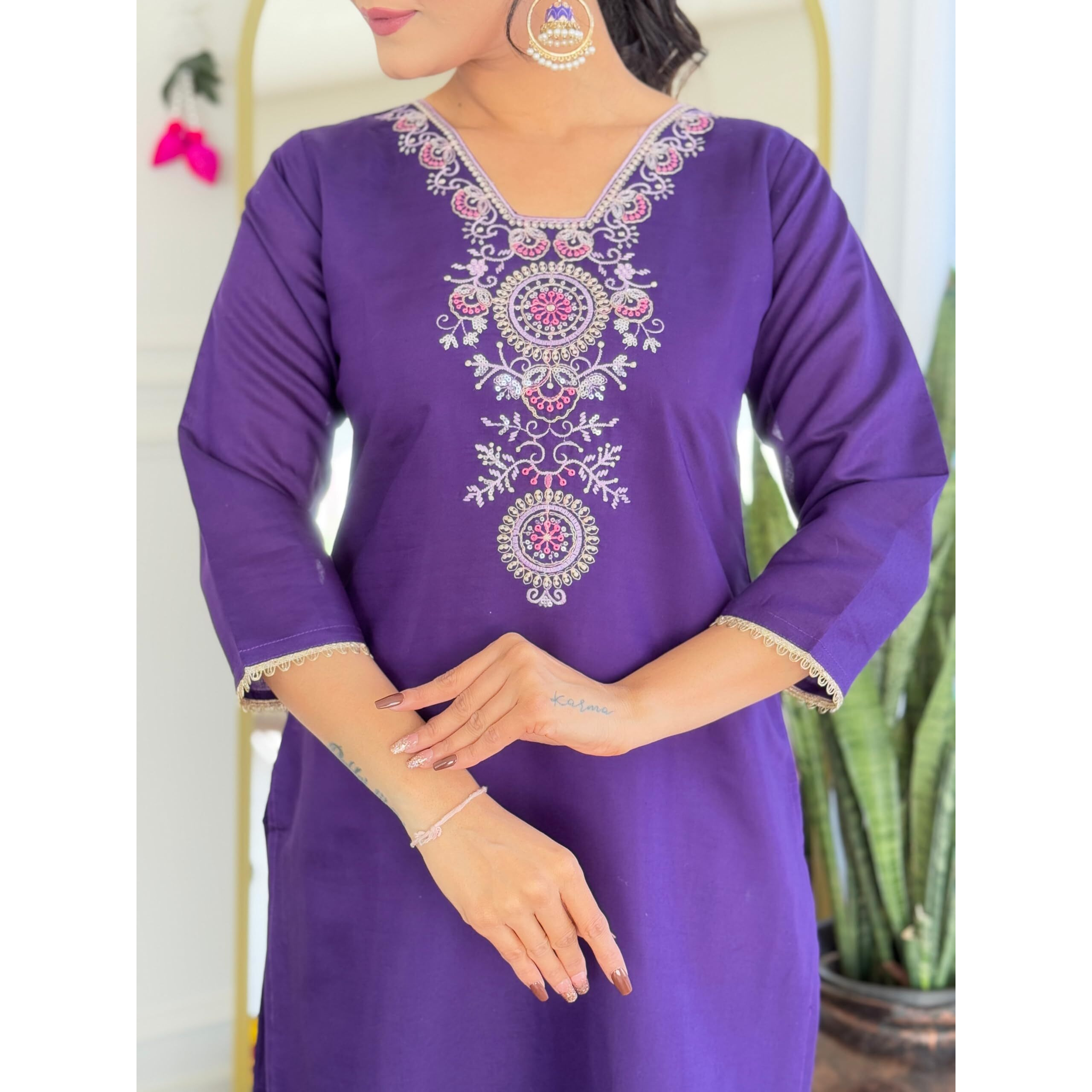 Navlik Women's Chanderi Embroidered Straight Kurta with Pant and Dupatta Sets (OR-K98)