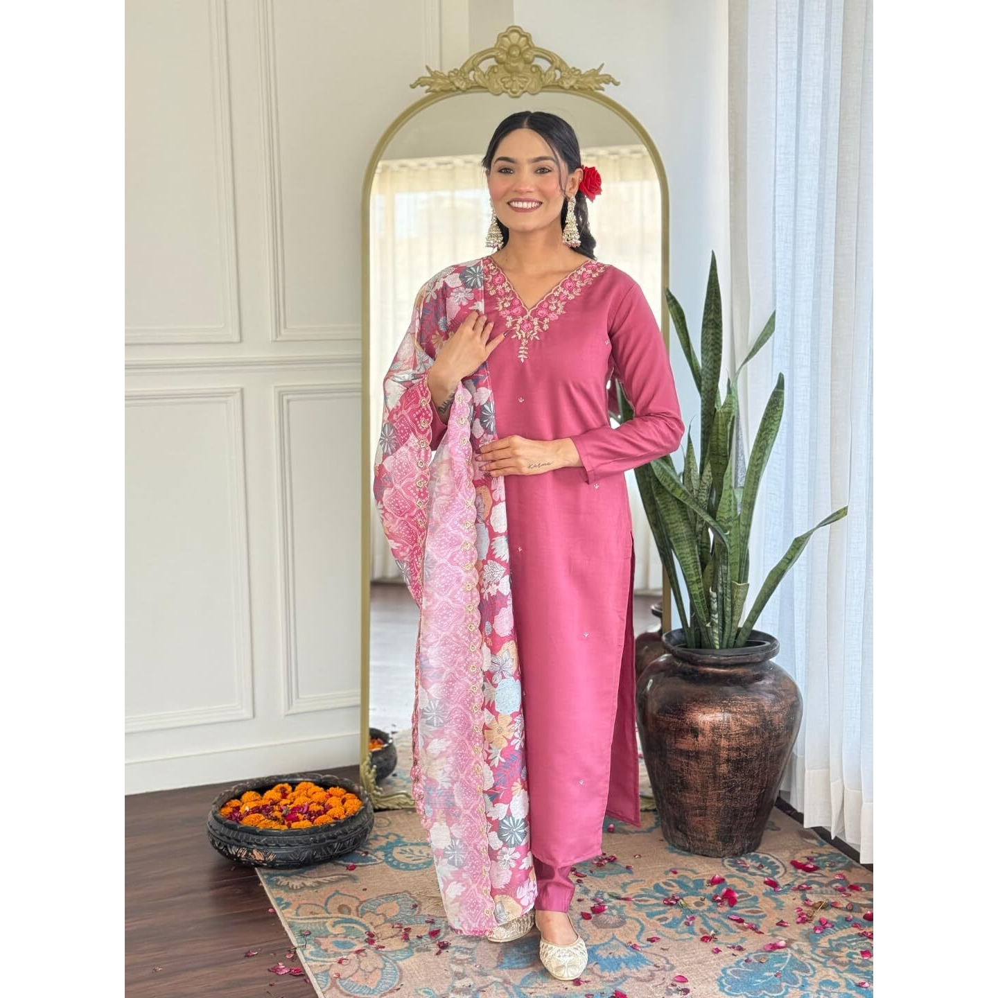 Navlik Women's Rayon Floral Embroidered Straight Kurta Pant and Printed Floral Dupatta Set (OR-K99)