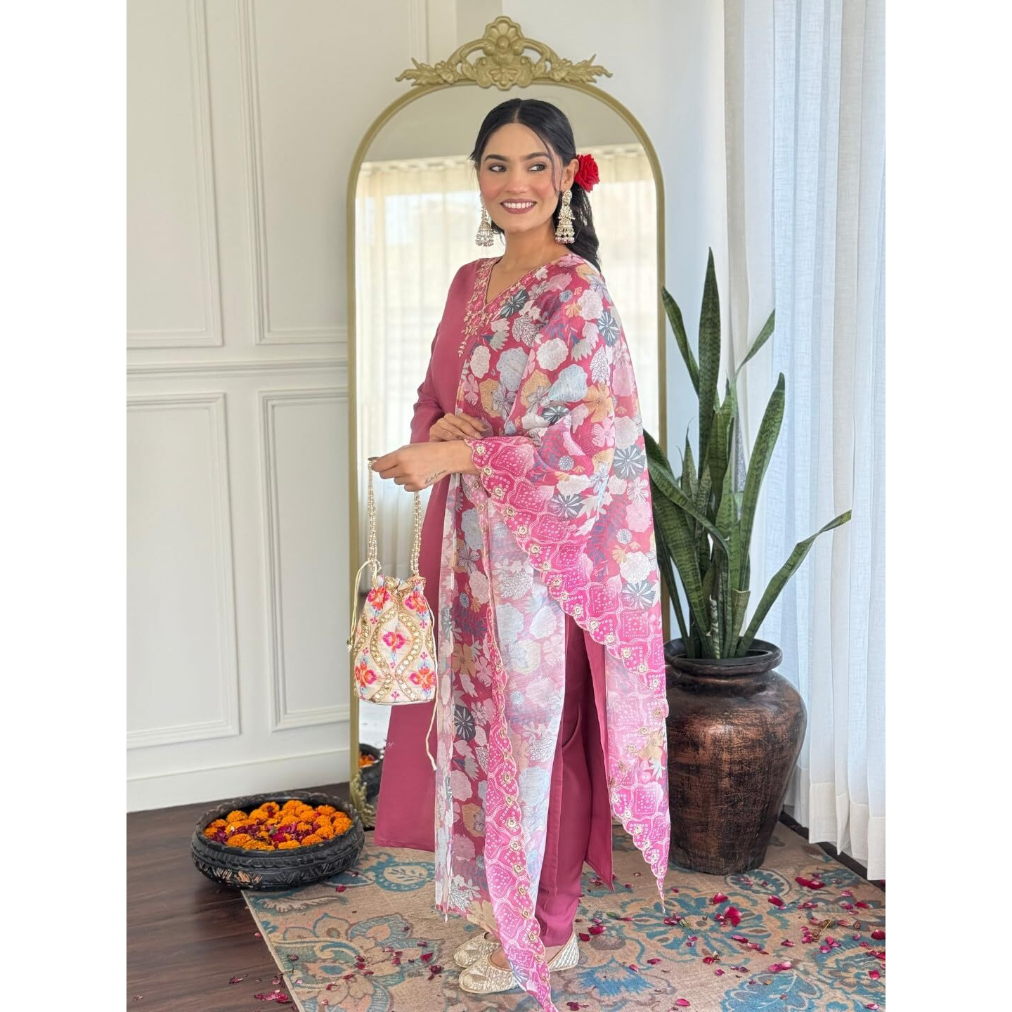 Navlik Women's Rayon Floral Embroidered Straight Kurta Pant and Printed Floral Dupatta Set (OR-K99)