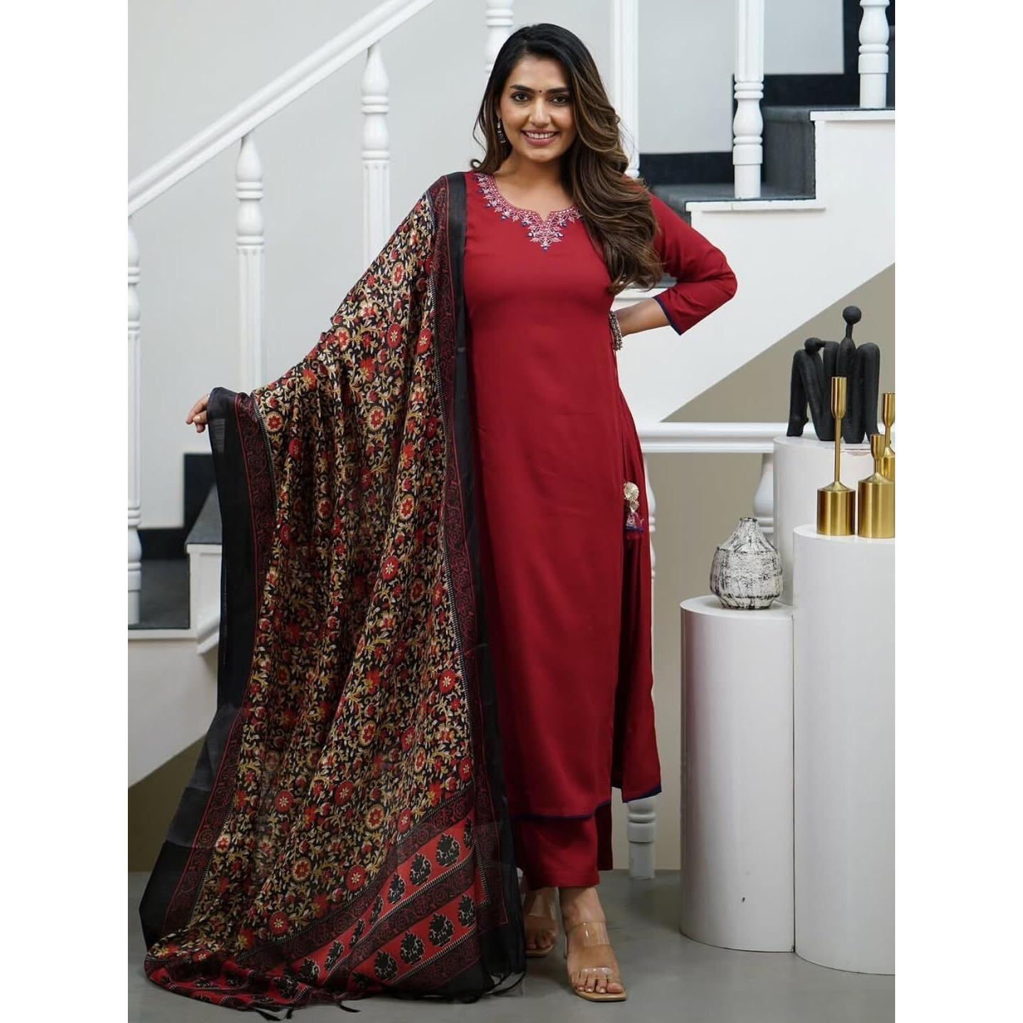 Navlik Women's Viscose Rayon Embroidered A-Line Kurta with Pant and Dupatta Sets (R-Kamini)