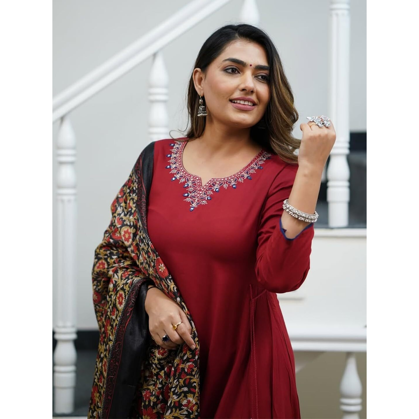Navlik Women's Viscose Rayon Embroidered A-Line Kurta with Pant and Dupatta Sets (R-Kamini)
