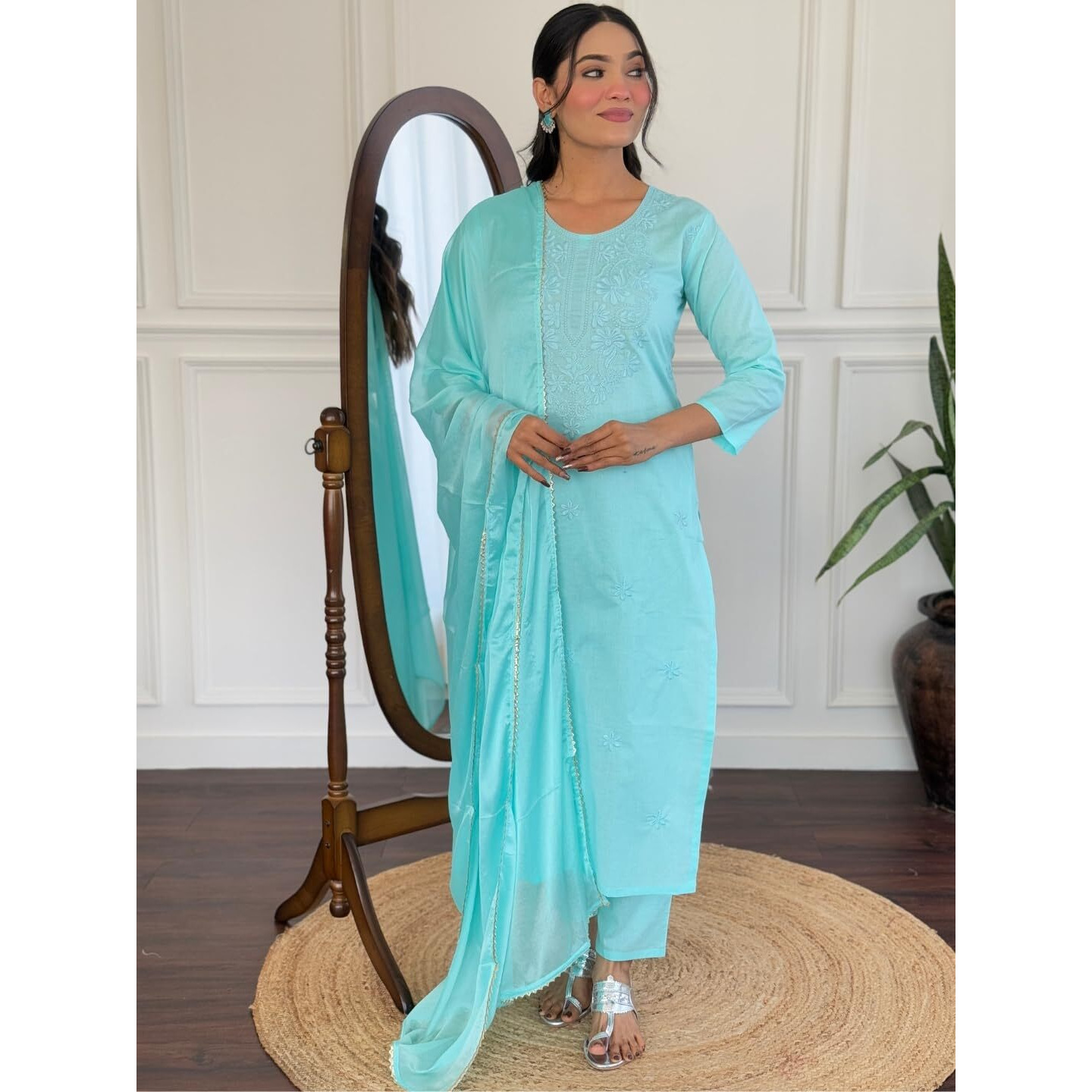 Navlik Women's Cotton Embroidered Straight Kurta with Pant and Dupatta Sets (NK-S-101)