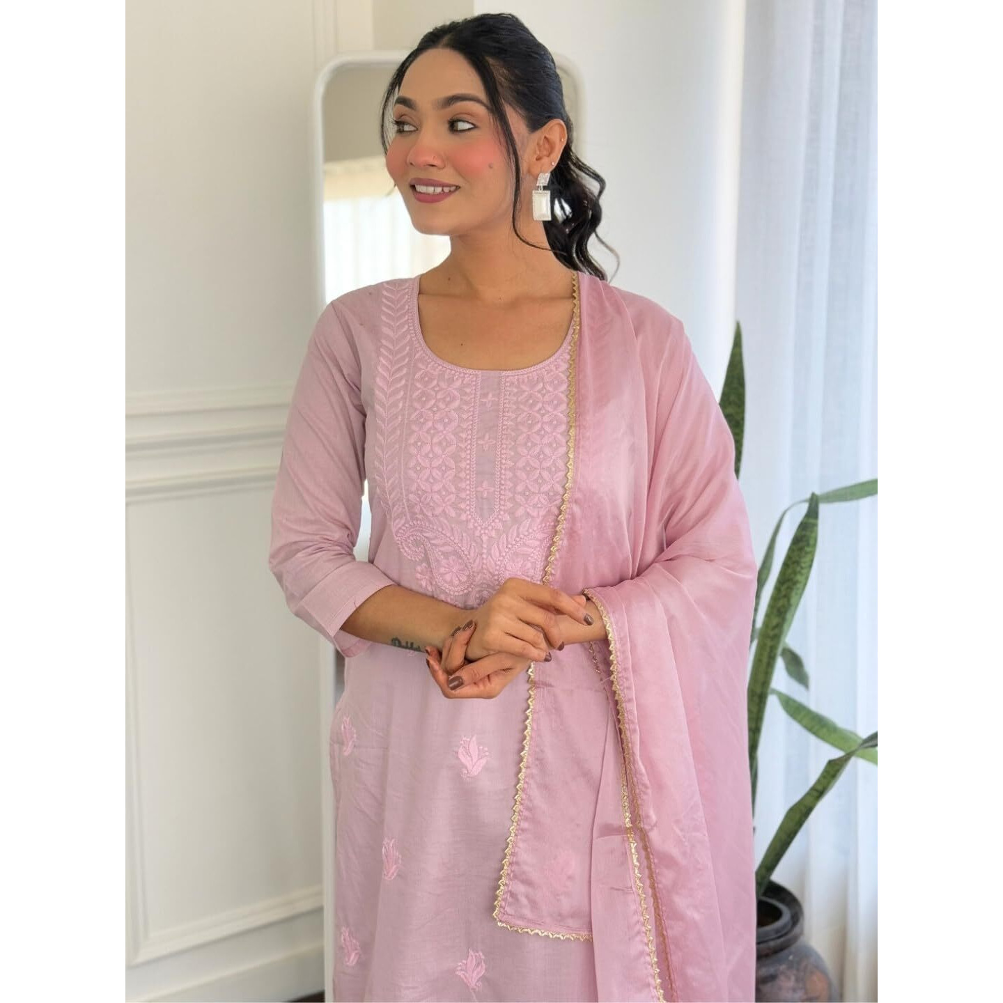 Navlik Women's Cotton Embroidered Straight Kurta with Pant and Dupatta Sets (NK-S-102)