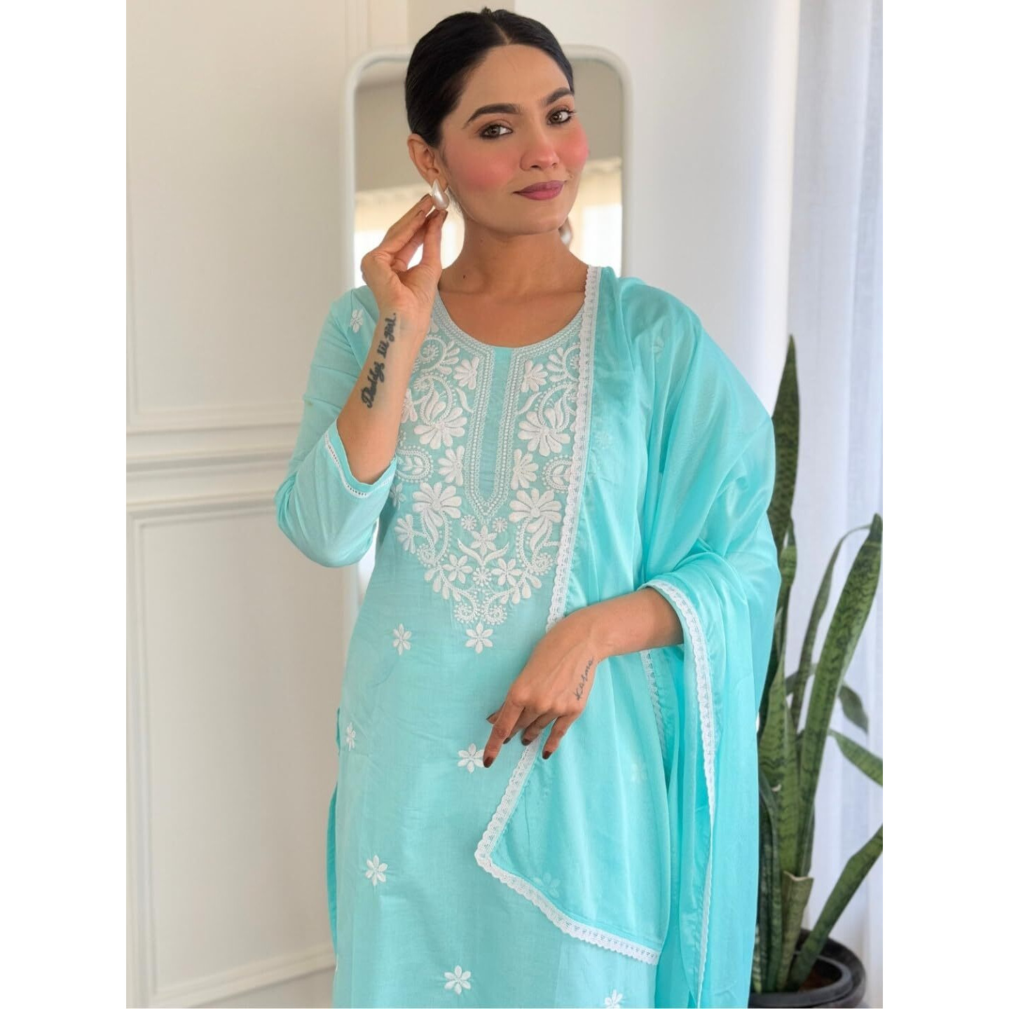 Navlik Women's Cotton Embroidered Straight Kurta with Pant and Dupatta Sets (NK-S-103)