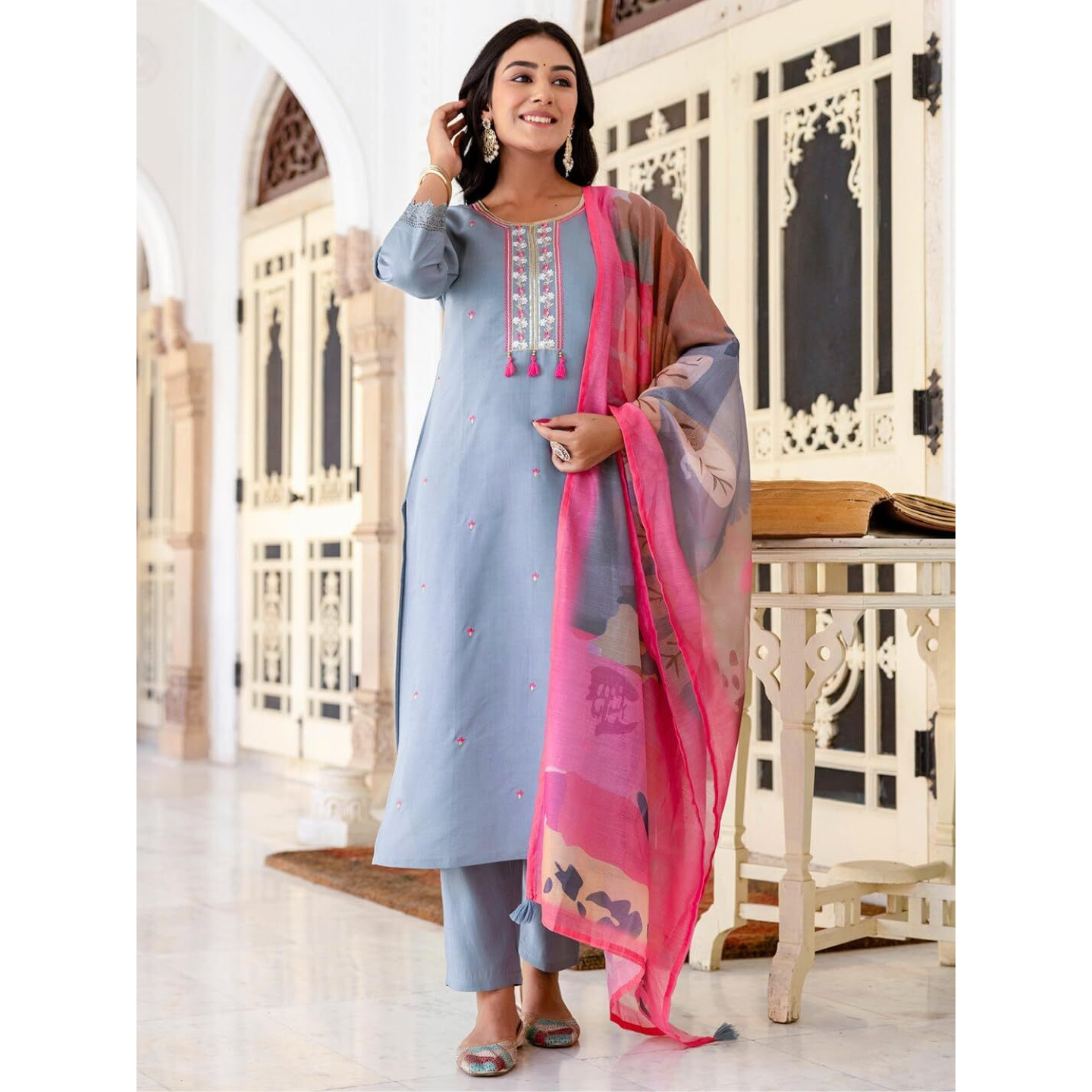 Navlik Women's Chanderi Viscose Embroidered Straight Kurta with Pant and Dupatta Sets (S-Aarohi)