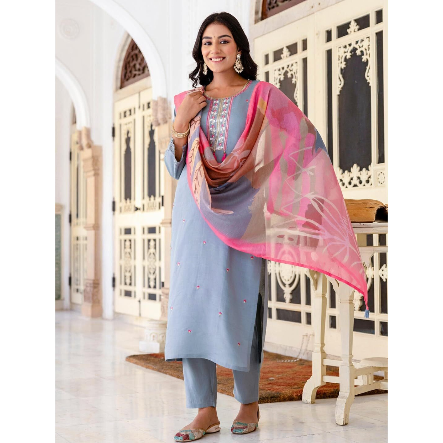 Navlik Women's Chanderi Viscose Embroidered Straight Kurta with Pant and Dupatta Sets (S-Aarohi)