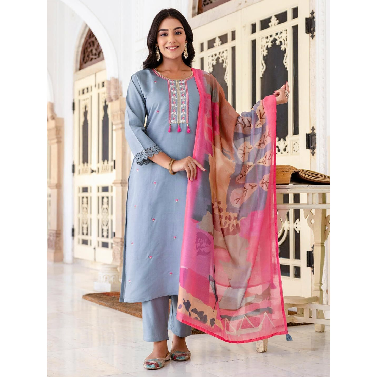 Navlik Women's Chanderi Viscose Embroidered Straight Kurta with Pant and Dupatta Sets (S-Aarohi)