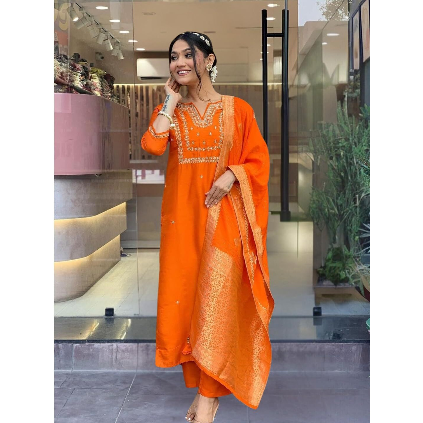 Navlik Women's Chanderi Viscose Embroidered Straight Kurta Pant and Dupatta Sets (S-Akshara)