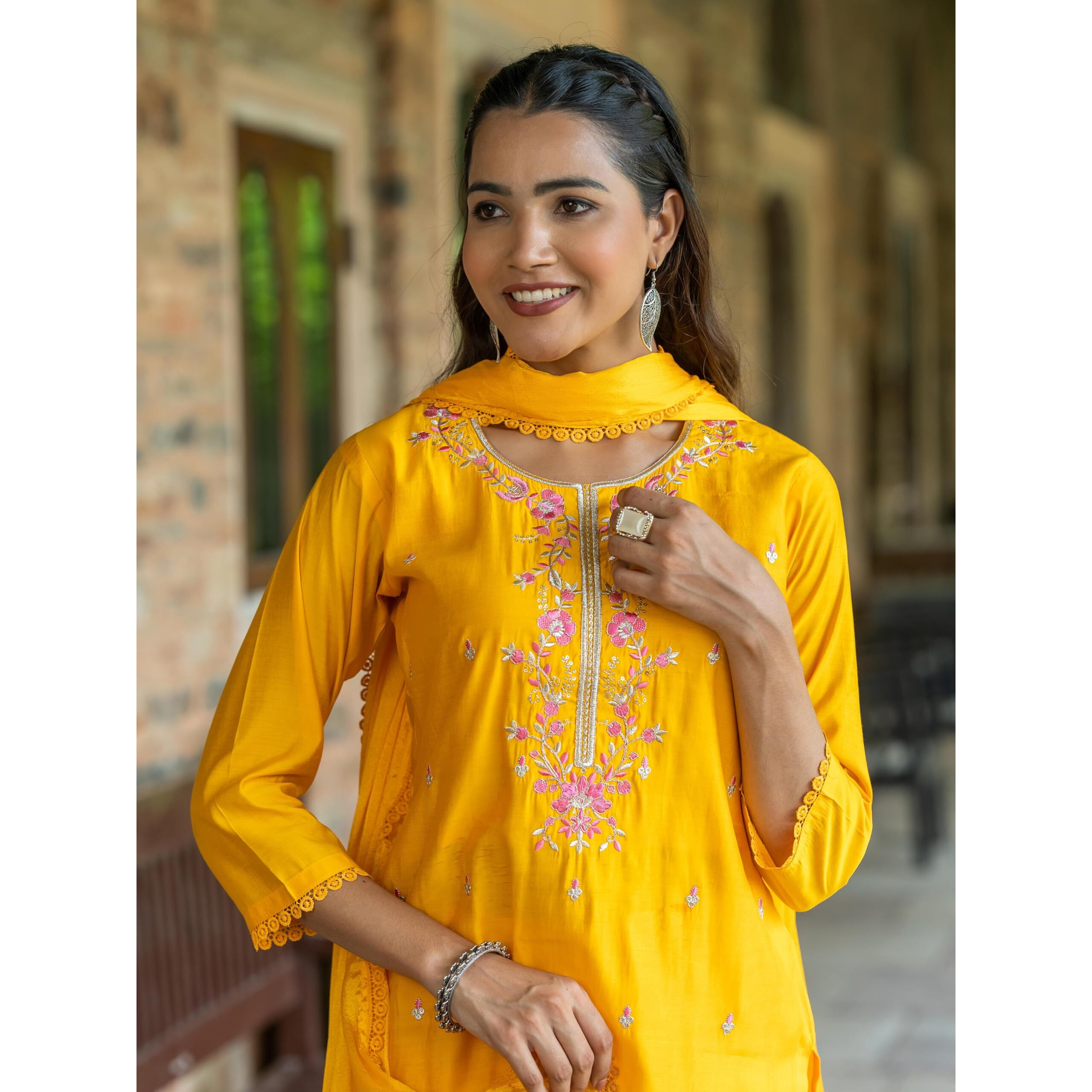 Navlik Women's Chanderi Viscose Embroidered Straight Kurta with Pant and Dupatta Sets (S-Alice)