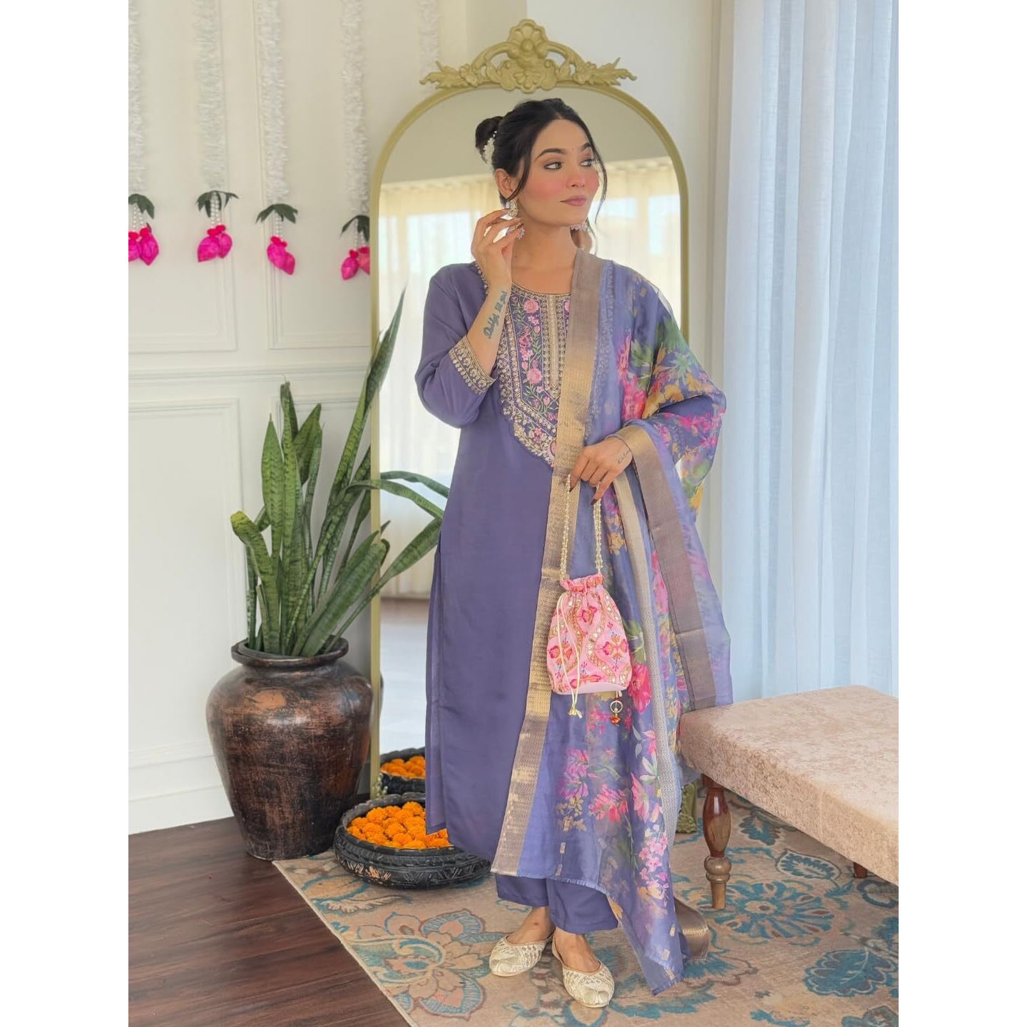 Navlik Women's Chanderi Silk Embroidered Straight Kurta with Pant and Dupatta Sets (S-Anaya)