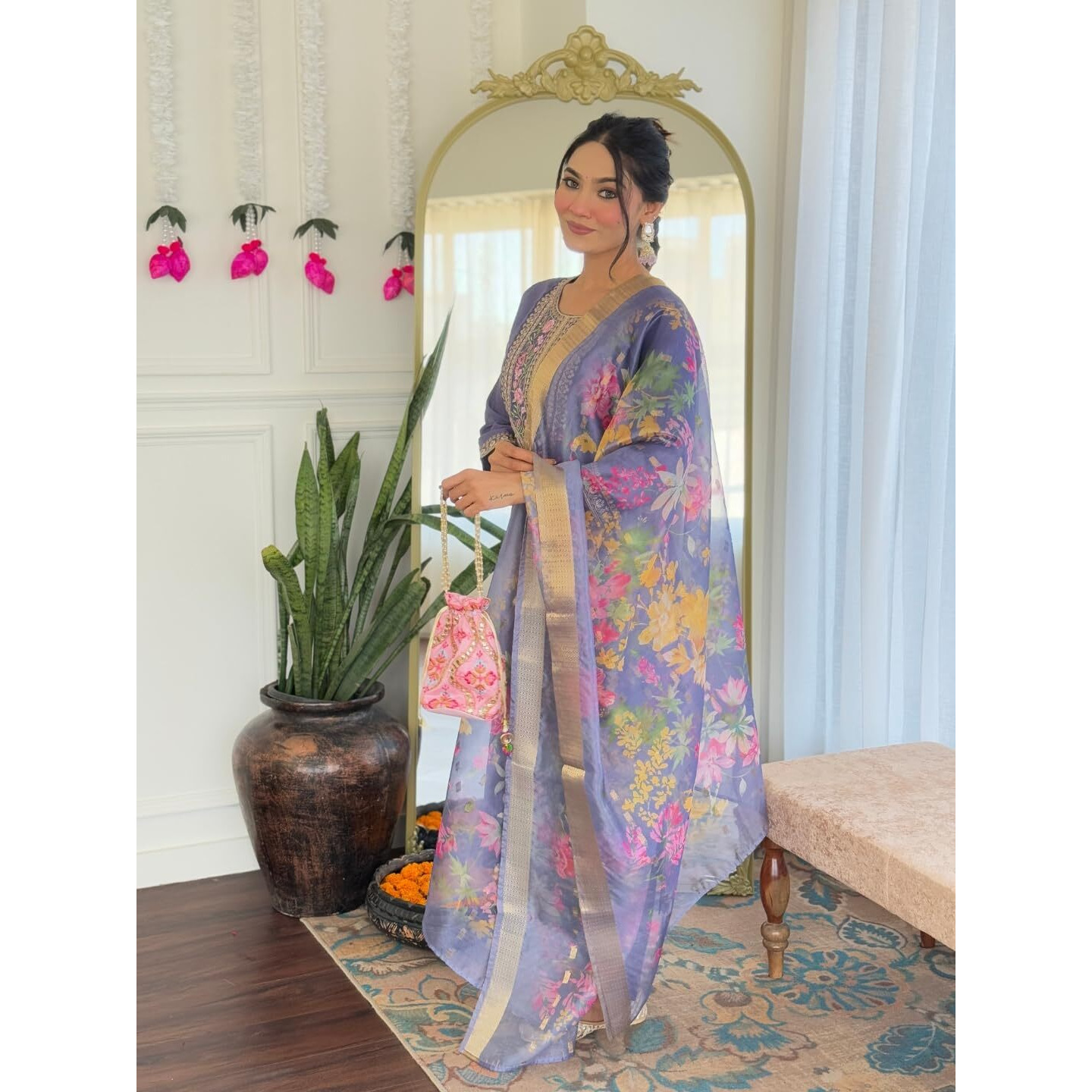 Navlik Women's Chanderi Silk Embroidered Straight Kurta with Pant and Dupatta Sets (S-Anaya)