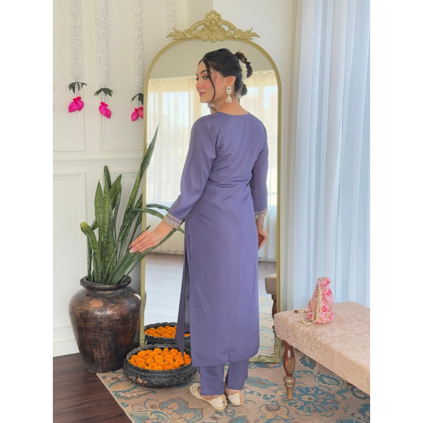 Navlik Women's Chanderi Silk Embroidered Straight Kurta with Pant and Dupatta Sets (S-Anaya)