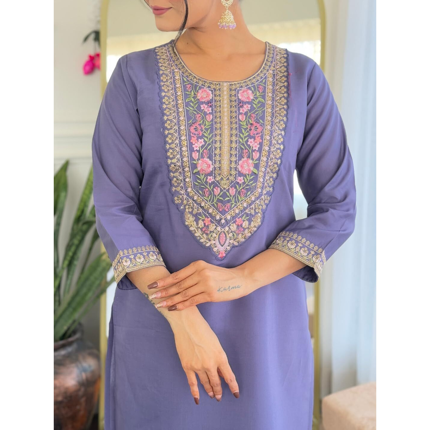 Navlik Women's Chanderi Silk Embroidered Straight Kurta with Pant and Dupatta Sets (S-Anaya)