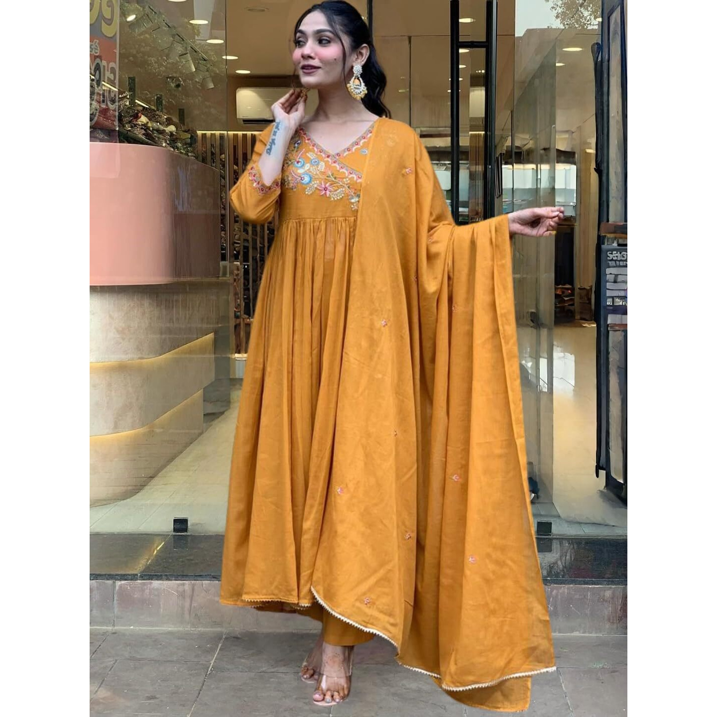 Navlik Women's Orange Chanderi Viscose Embroidered Flared Kurta with Chanderi Viscose Pant and Chanderi Embroidered Laced Dupatta Sets (NK-S-Anika)