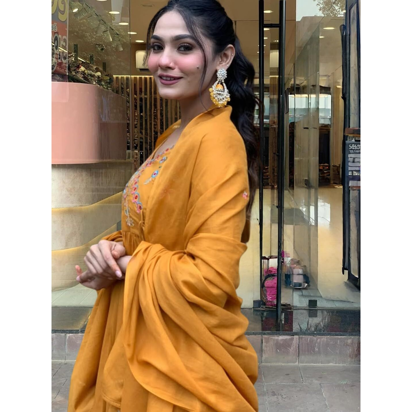 Navlik Women's Orange Chanderi Viscose Embroidered Flared Kurta with Chanderi Viscose Pant and Chanderi Embroidered Laced Dupatta Sets (NK-S-Anika)