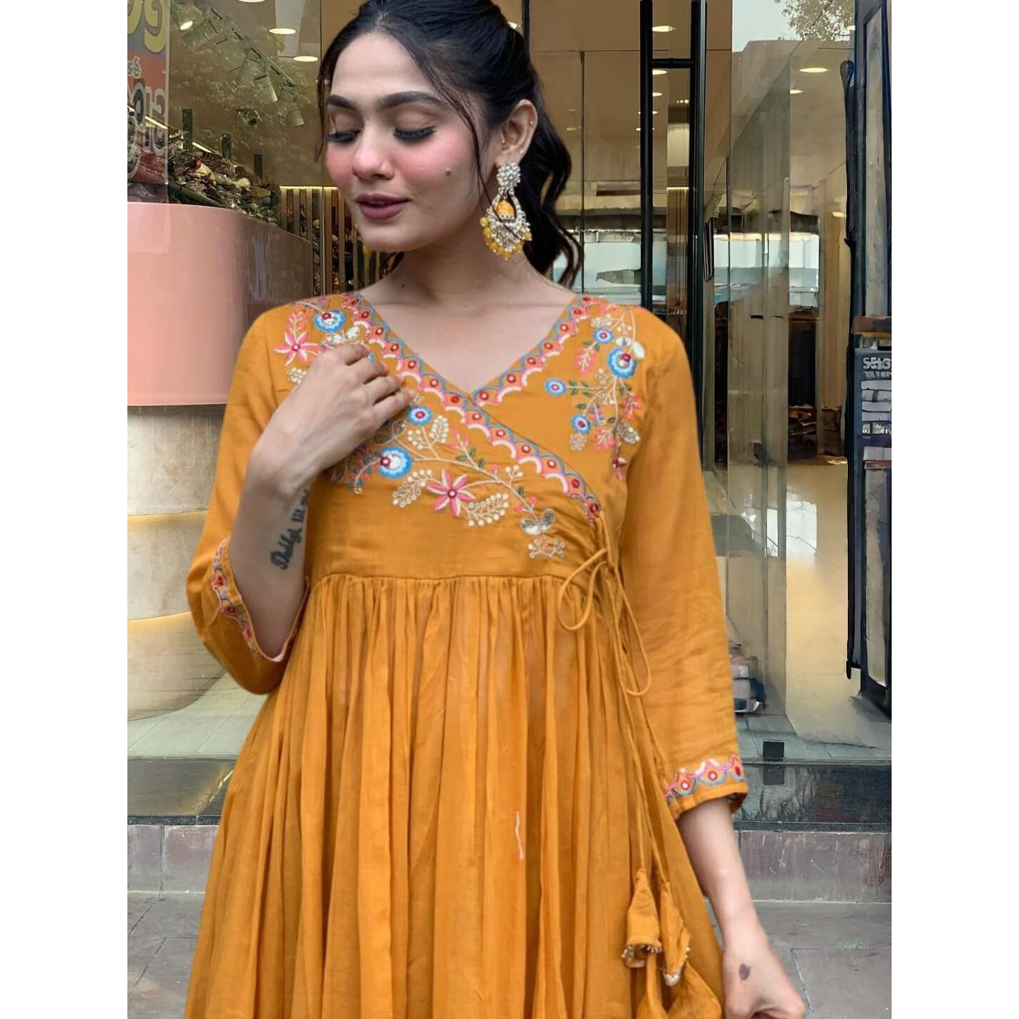 Navlik Women's Orange Chanderi Viscose Embroidered Flared Kurta with Chanderi Viscose Pant and Chanderi Embroidered Laced Dupatta Sets (NK-S-Anika)