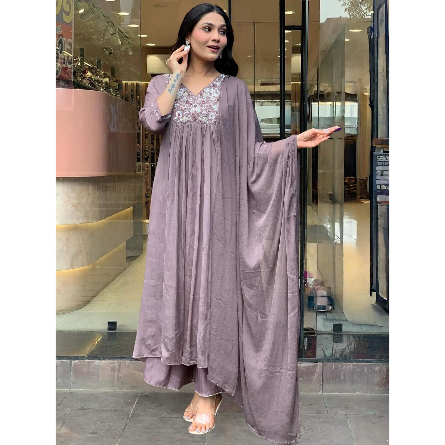 Women's Viscose Embroidered Flared Kurta with Pant And Dupatta Sets (S-Ayushi)