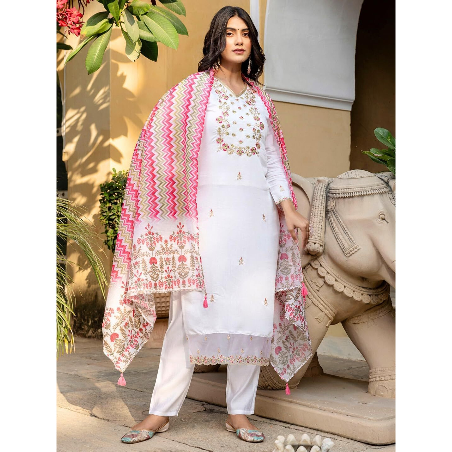 Navlik Women's Chanderi Viscose Embroidered Straight Kurta with Pant and Dupatta Sets (S-Bhakti)