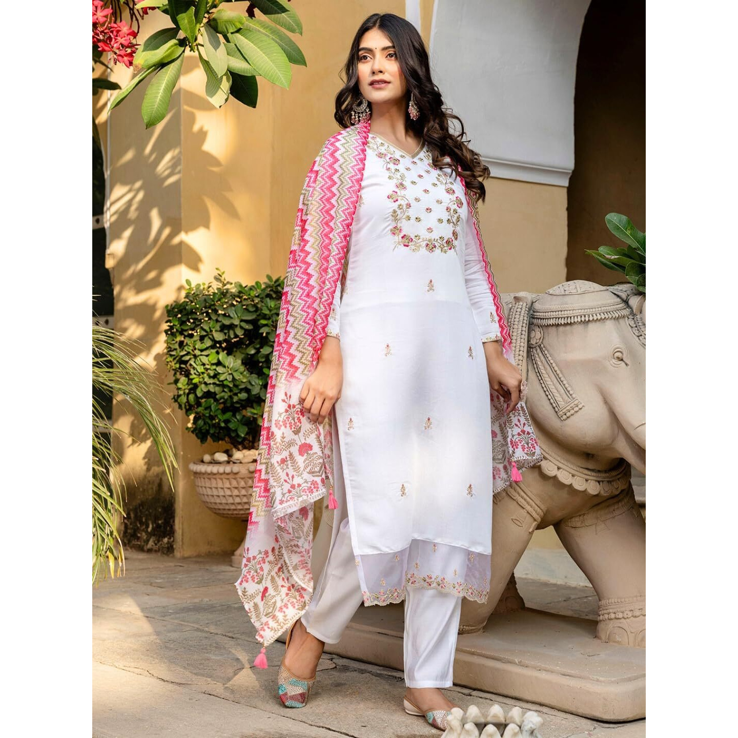 Navlik Women's Chanderi Viscose Embroidered Straight Kurta with Pant and Dupatta Sets (S-Bhakti)