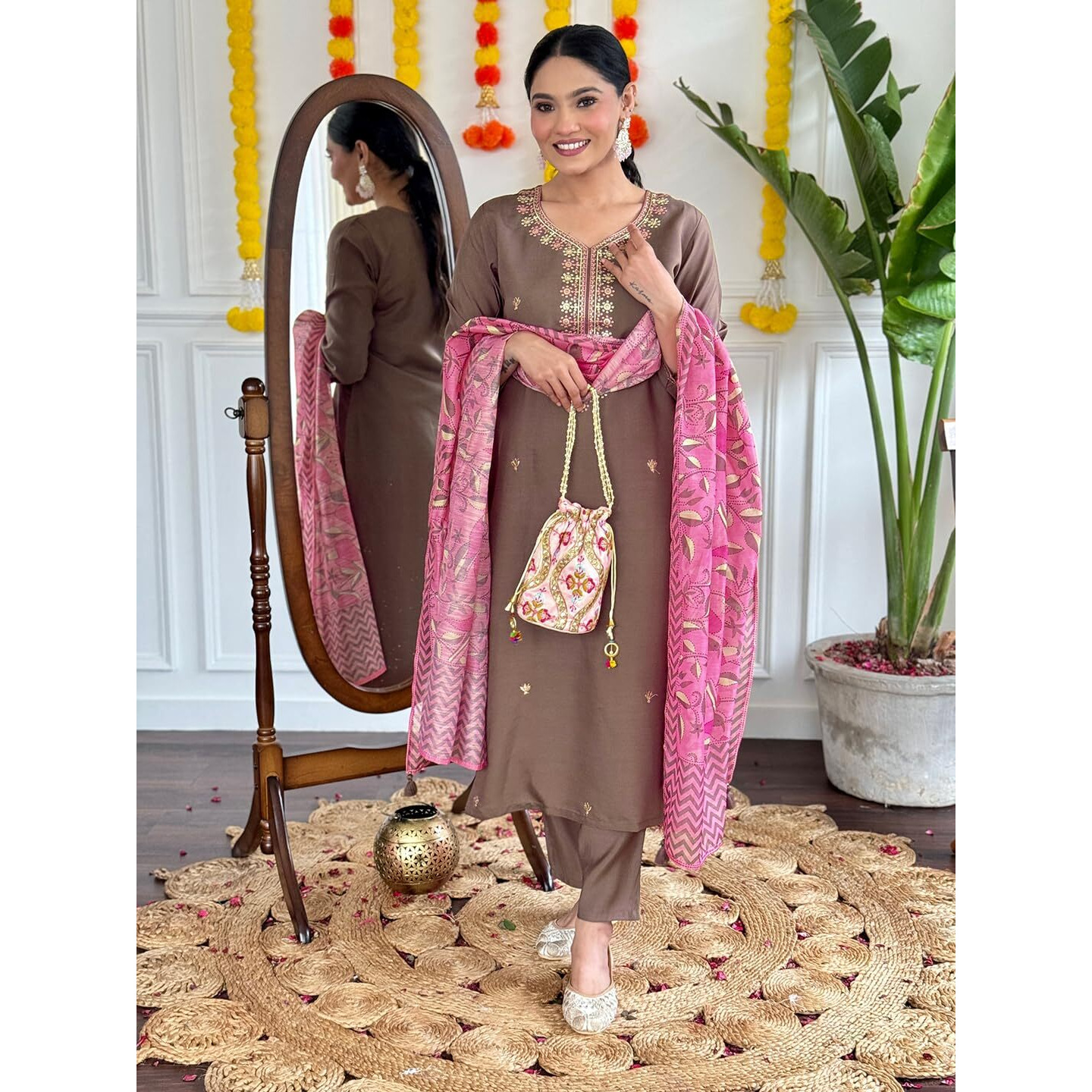 Navlik Women's Coffee Chanderi Viscose Embroidered Straight Kurta with Chanderi Viscose Pant and Pure Linen Printed Dupatta Sets (NK-S-Bindiya)