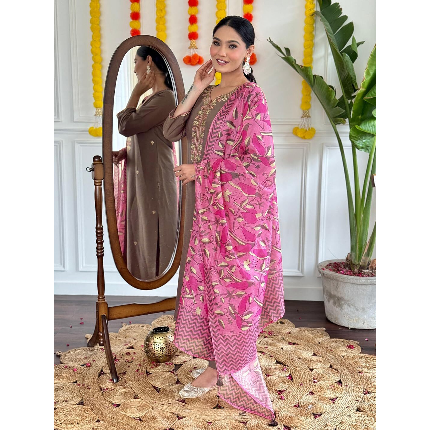 Navlik Women's Coffee Chanderi Viscose Embroidered Straight Kurta with Chanderi Viscose Pant and Pure Linen Printed Dupatta Sets (NK-S-Bindiya)