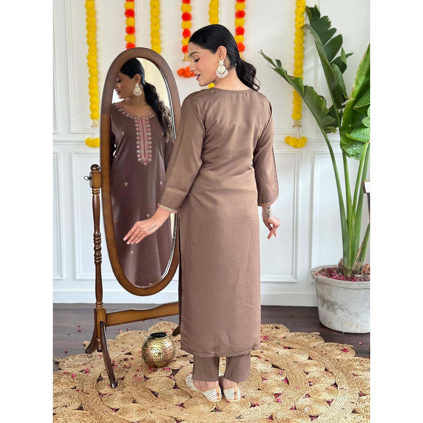 Navlik Women's Coffee Chanderi Viscose Embroidered Straight Kurta with Chanderi Viscose Pant and Pure Linen Printed Dupatta Sets (NK-S-Bindiya)