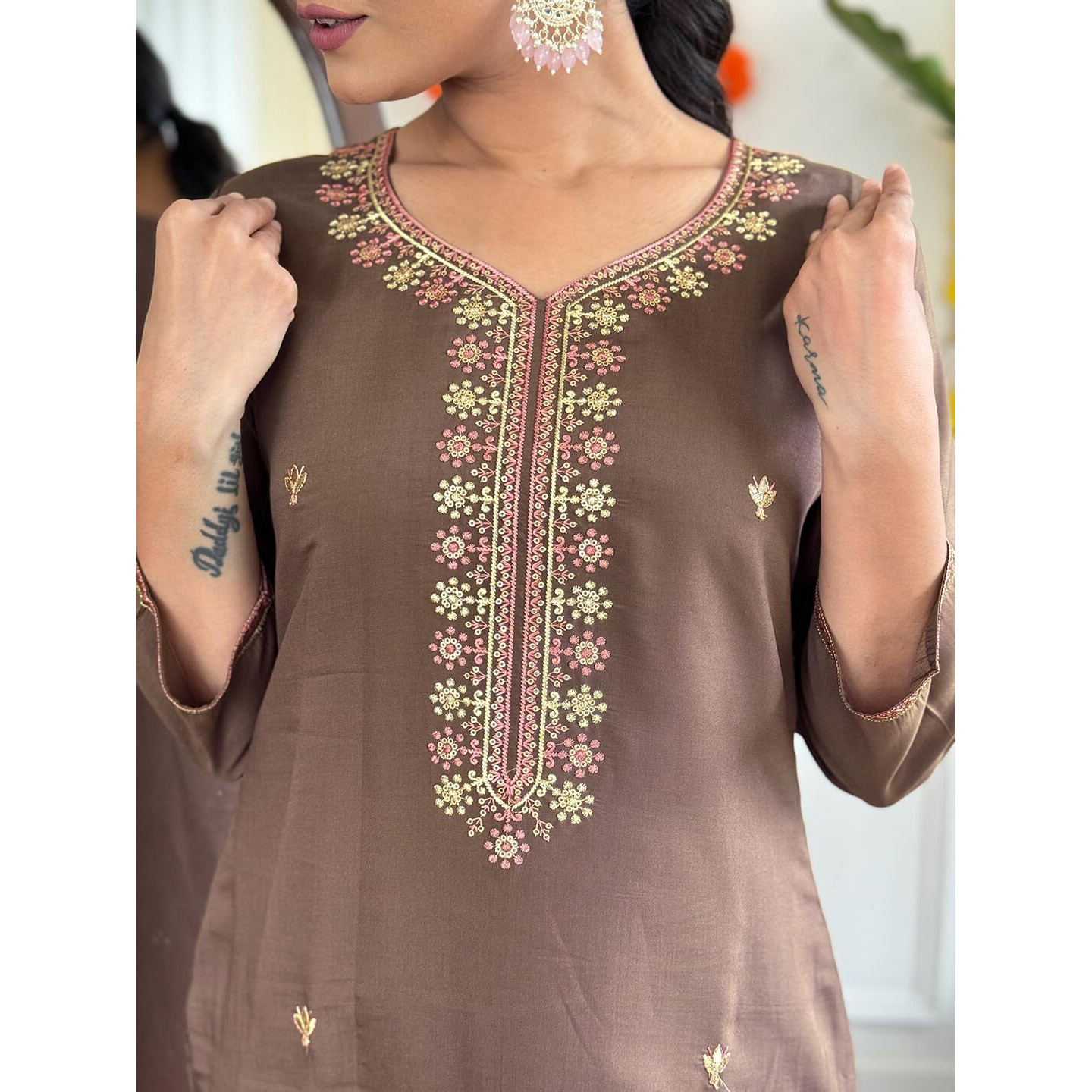 Navlik Women's Coffee Chanderi Viscose Embroidered Straight Kurta with Chanderi Viscose Pant and Pure Linen Printed Dupatta Sets (NK-S-Bindiya)