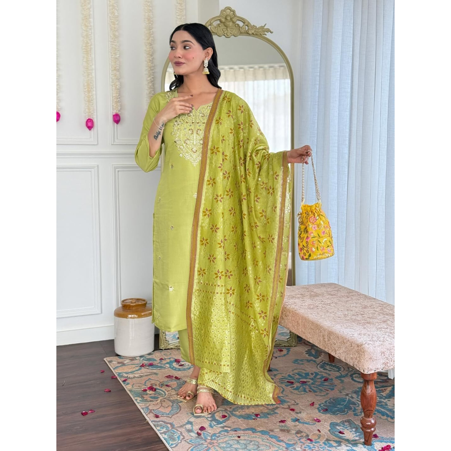 Navlik Women's Chanderi Viscose Embroidered Straight Kurta Pant and Dupatta Sets (S-Camila)