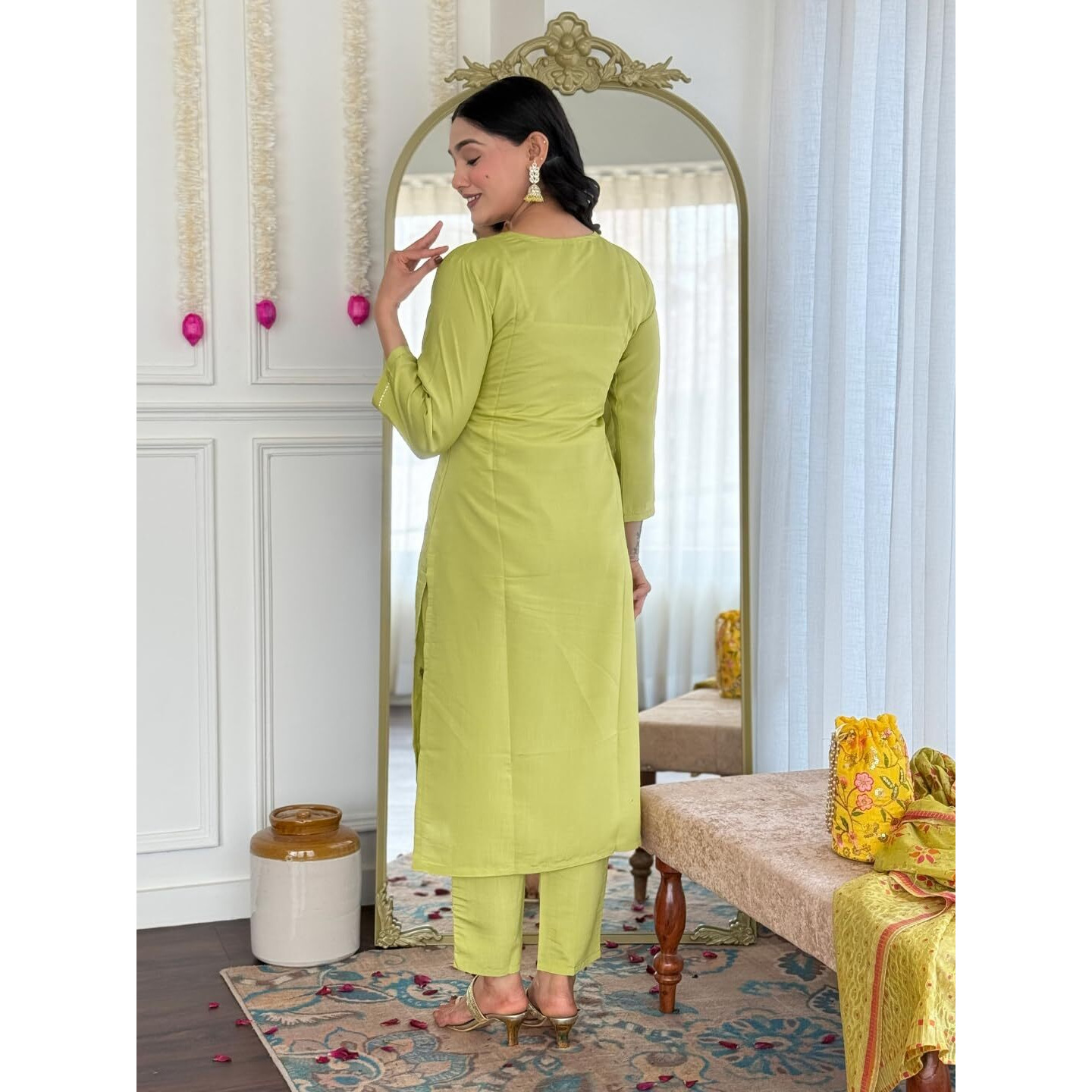 Navlik Women's Chanderi Viscose Embroidered Straight Kurta Pant and Dupatta Sets (S-Camila)