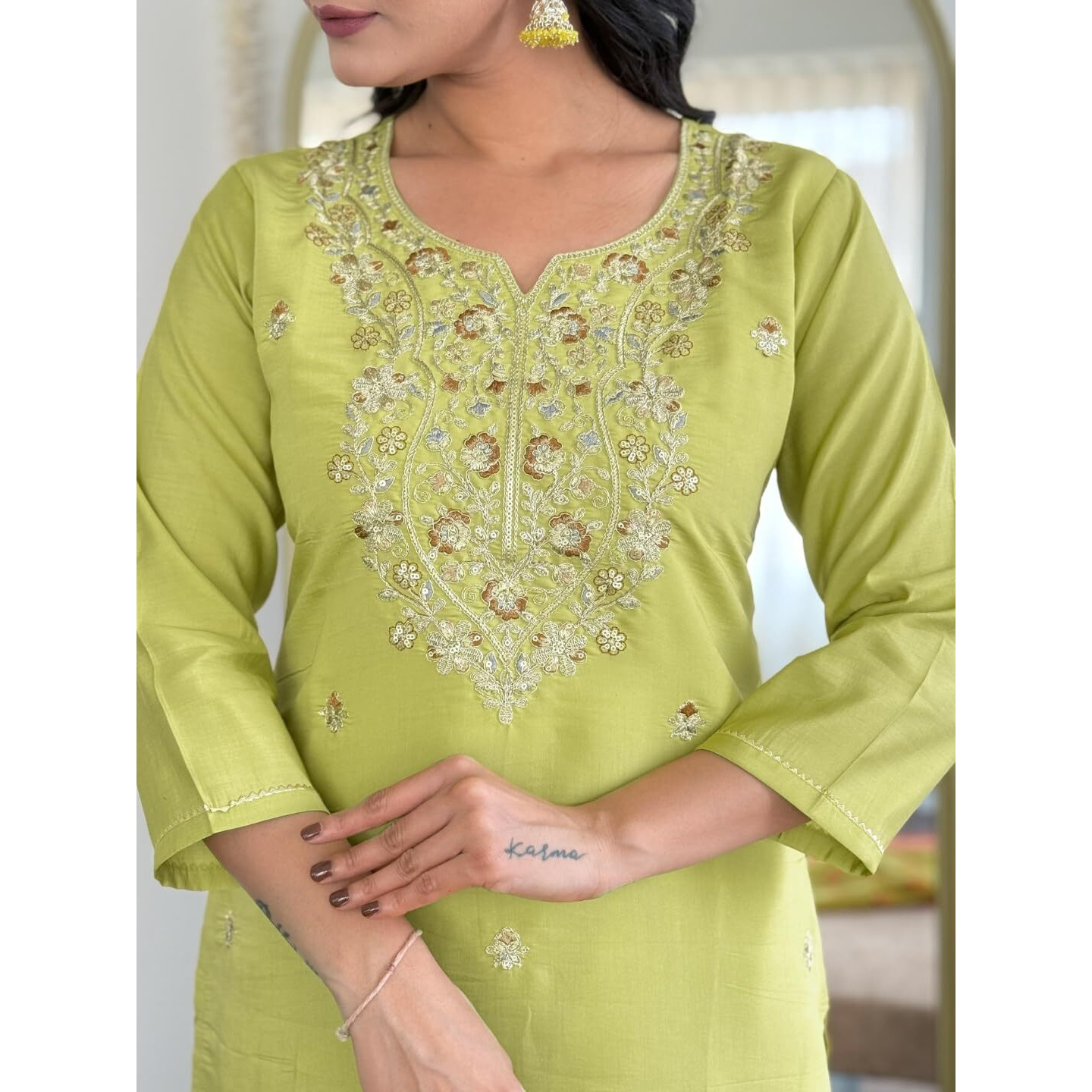 Navlik Women's Chanderi Viscose Embroidered Straight Kurta Pant and Dupatta Sets (S-Camila)