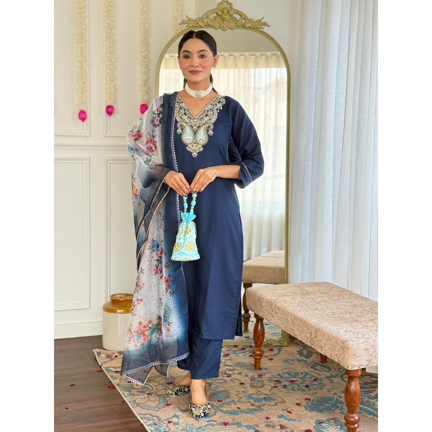 Navlik Women's Rayon Slub Embroidered Straight Kurta Pant and Dupatta Sets (SC-Angel)