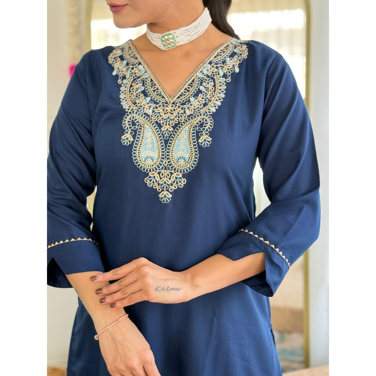 Navlik Women's Rayon Slub Embroidered Straight Kurta Pant and Dupatta Sets (SC-Angel)