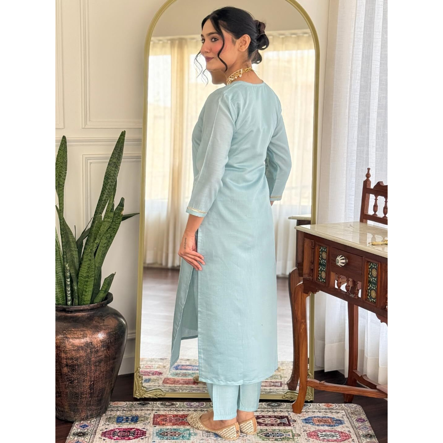 Navlik Women's Chanderi Embroidered Straight Kurta with Pant and Dupatta Sets (NK-SC-Anna)