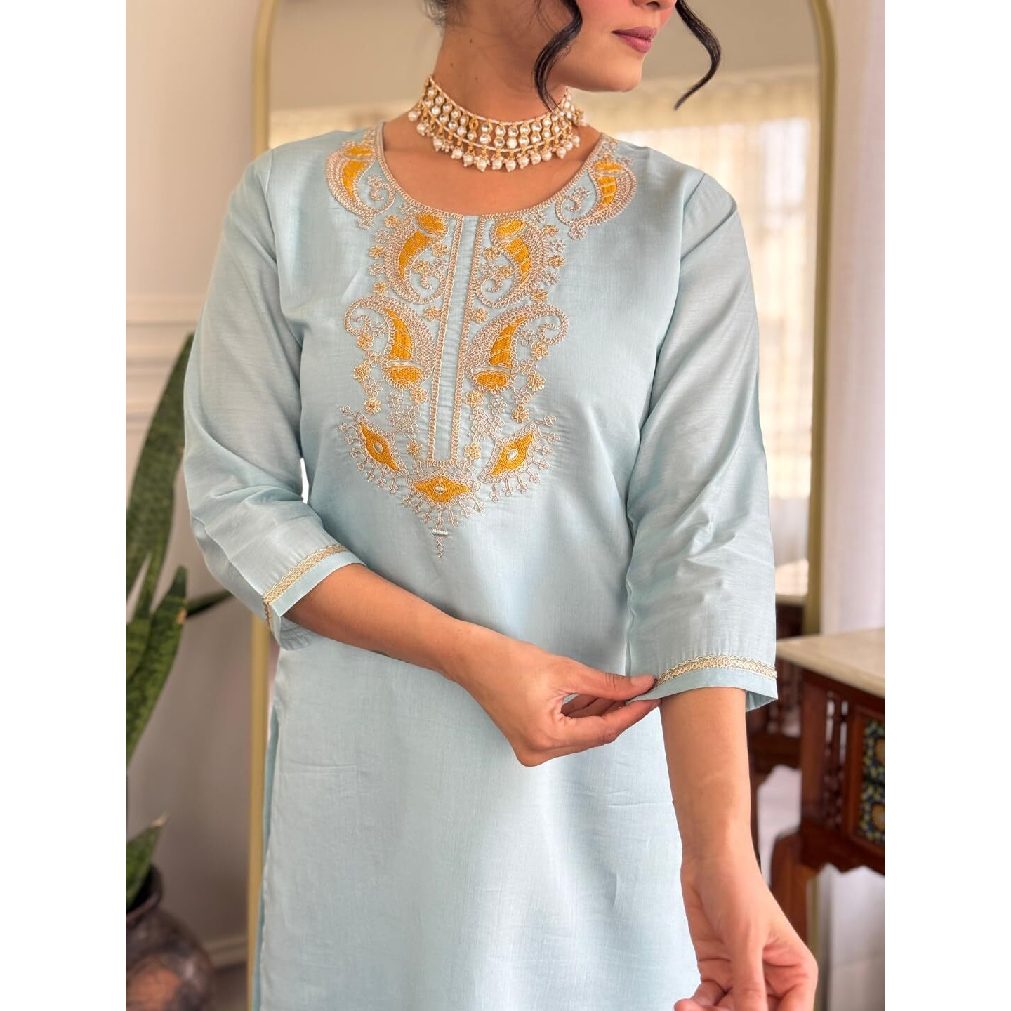 Navlik Women's Chanderi Embroidered Straight Kurta with Pant and Dupatta Sets (NK-SC-Anna)
