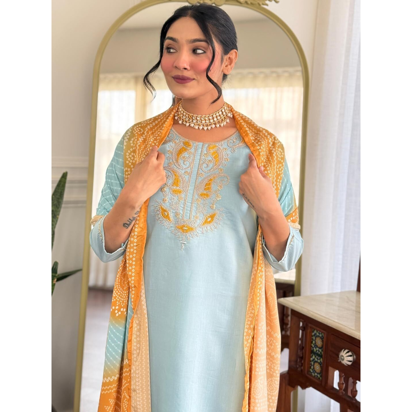 Navlik Women's Chanderi Embroidered Straight Kurta with Pant and Dupatta Sets (NK-SC-Anna)